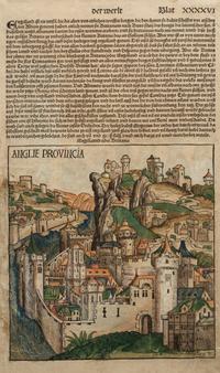 [LEAVES -- INCUNABULA] -- [SCHEDEL, Hartmann]. Two Incunabula leaves with hand-coloring from the Liber Chonicarum , or Nuremberg Chronicle . [Nuremberg, 1493].
