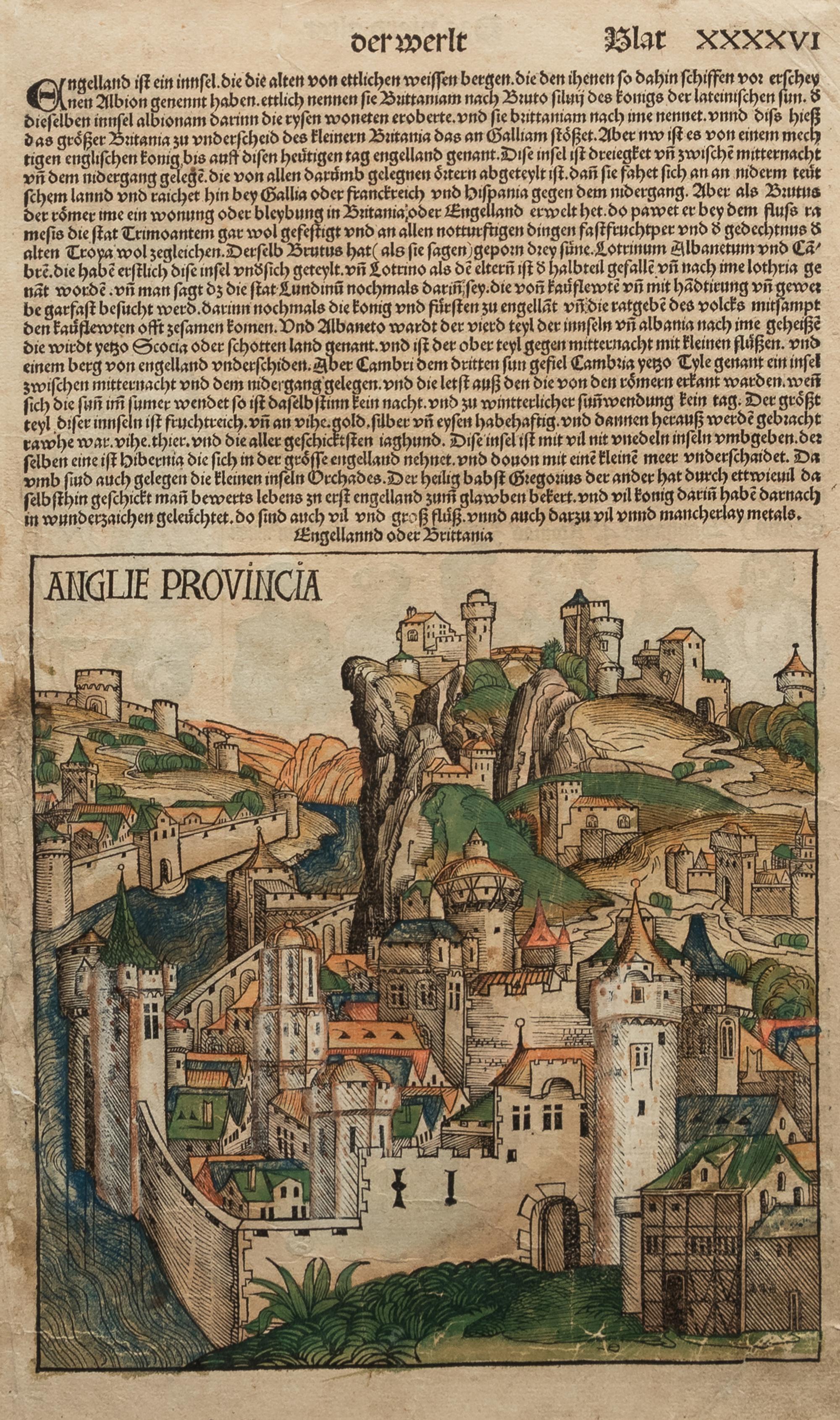 [LEAVES -- INCUNABULA] -- [SCHEDEL, Hartmann]. Two Incunabula leaves with hand-coloring from the Liber Chonicarum , or Nuremberg Chronicle . [Nuremberg, 1493].
