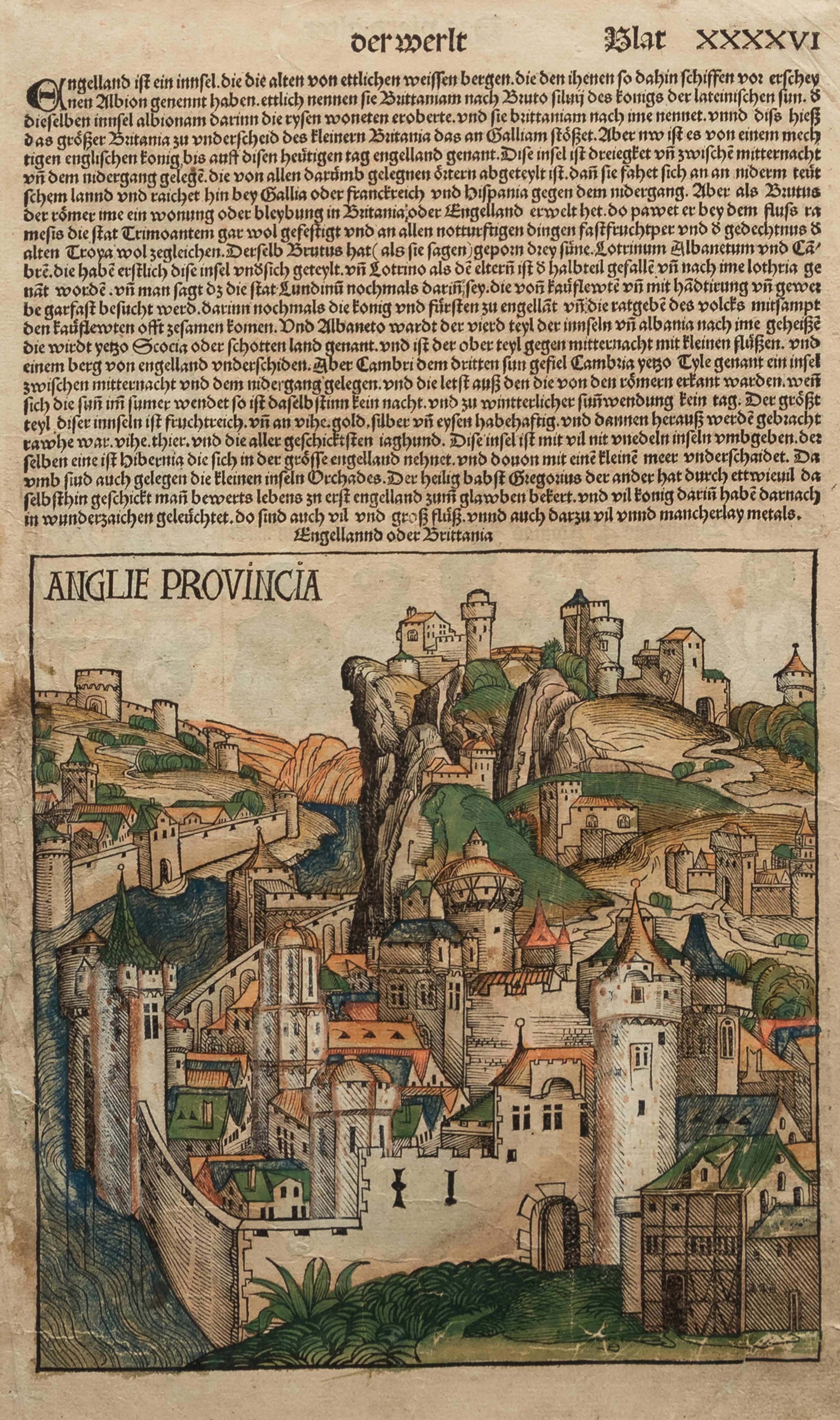 [LEAVES -- INCUNABULA] -- [SCHEDEL, Hartmann]. Two Incunabula leaves with hand-coloring from the Liber Chonicarum , or Nuremberg Chronicle . [Nuremberg, 1493].