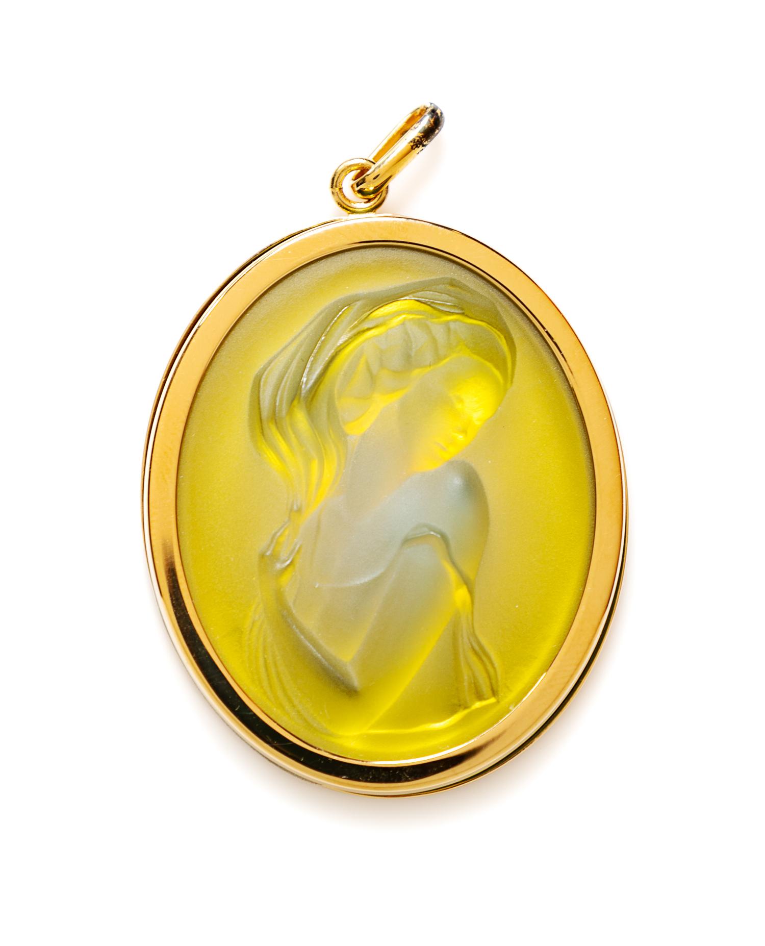 Lalique Yellow Opalescent Clemence Lady Cameo Pendant, 1.75" H x 1.5" W.