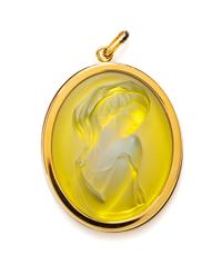 Lalique Yellow Opalescent Clemence Lady Cameo Pendant, 1.75" H x 1.5" W.