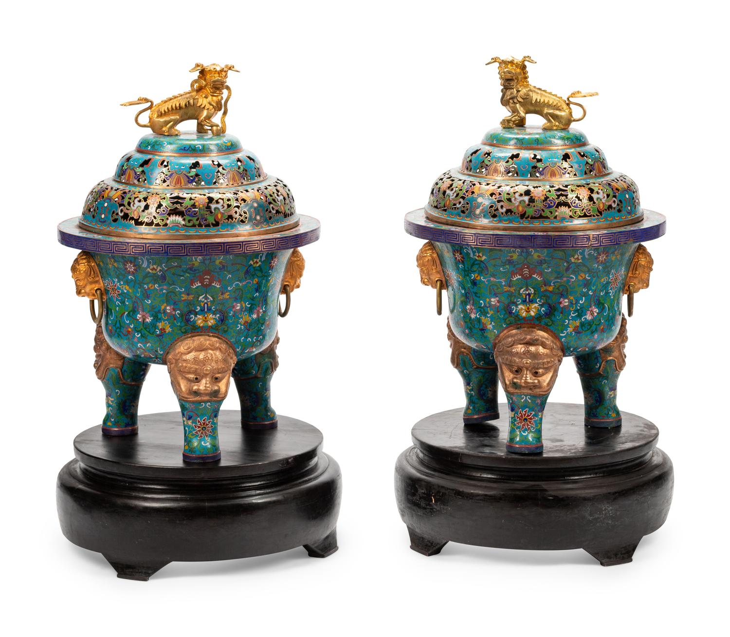 A Pair of Large Chinese Export Gilt Bronze and Cloisonné Censers on Wood Stands