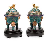 A Pair of Large Chinese Export Gilt Bronze and Cloisonné Censers on Wood Stands