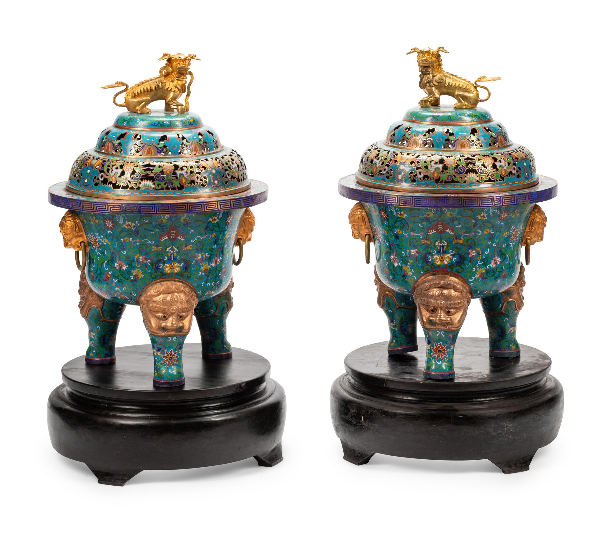 A Pair of Large Chinese Export Gilt Bronze and Cloisonné Censers on Wood Stands