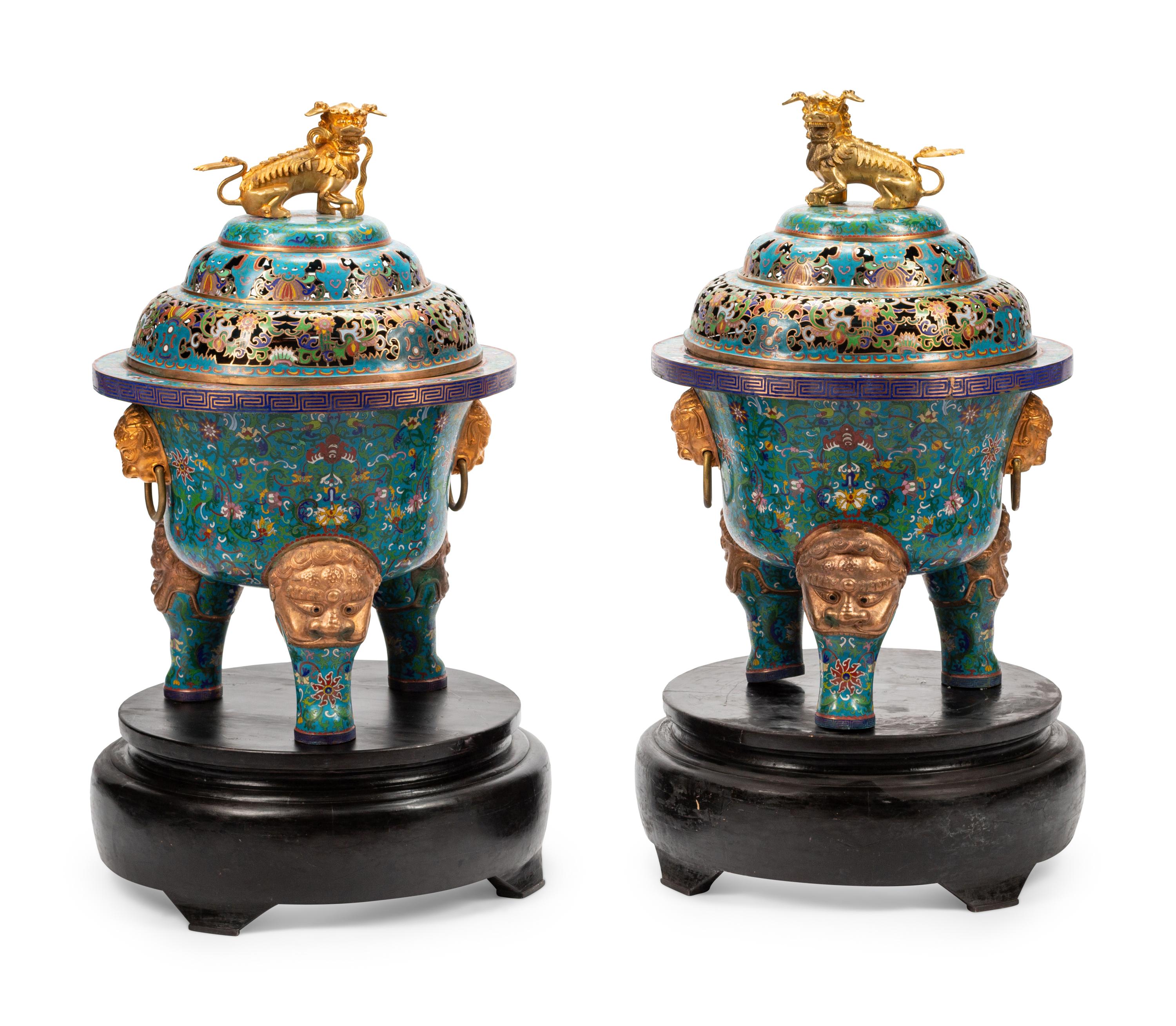 A Pair of Large Chinese Export Gilt Bronze and Cloisonné Censers on Wood Stands