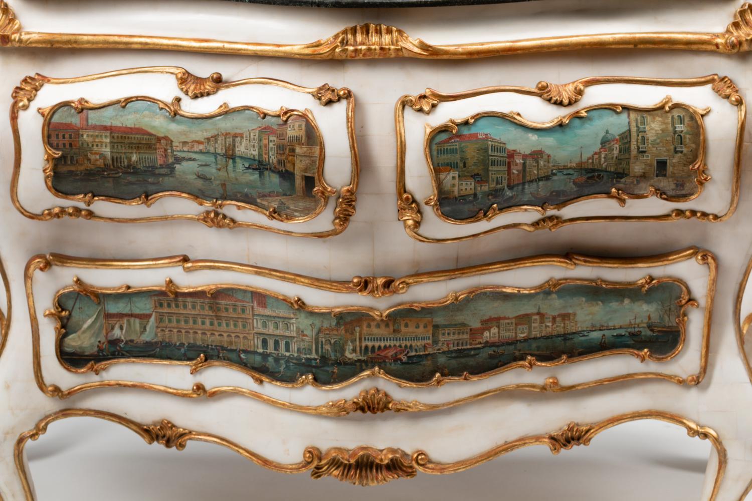 A Venetian Style Marble Veneered, Painted and Parcel Gilt Commode
