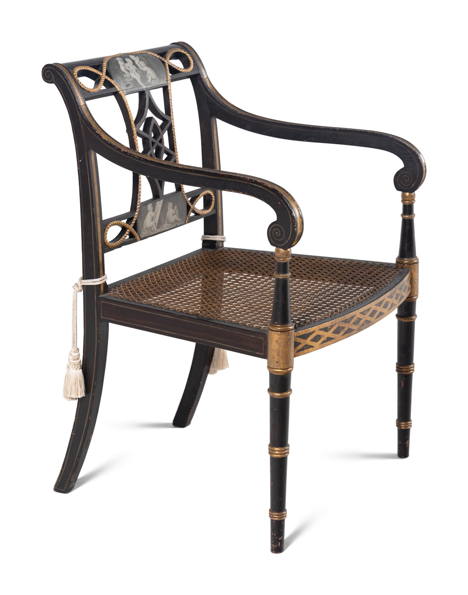 A Set of Ten Regency Black and Gilt Japanned Armchairs