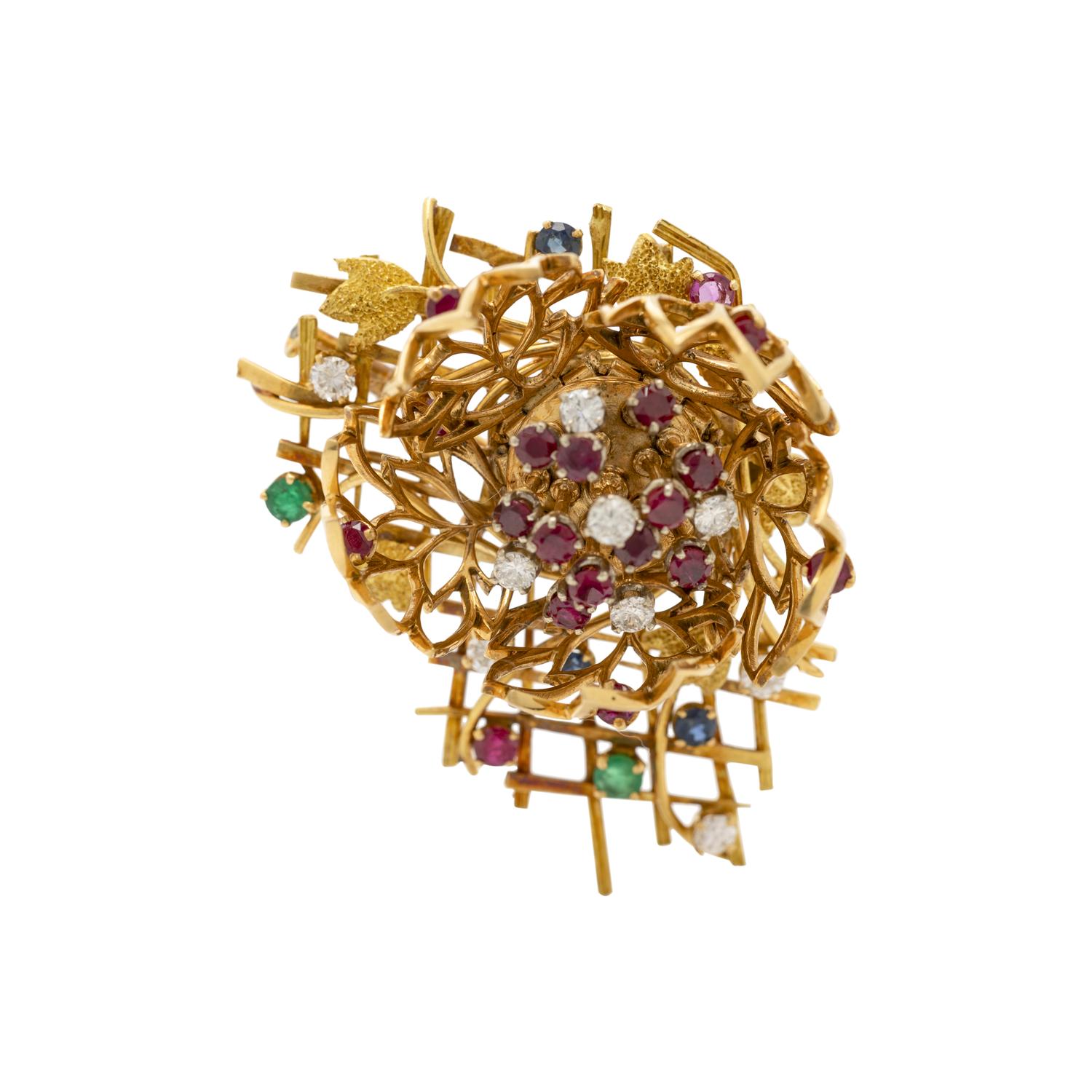FRENCH, YELLOW GOLD, DIAMOND AND GEMSTONE FLOWER BROOCH