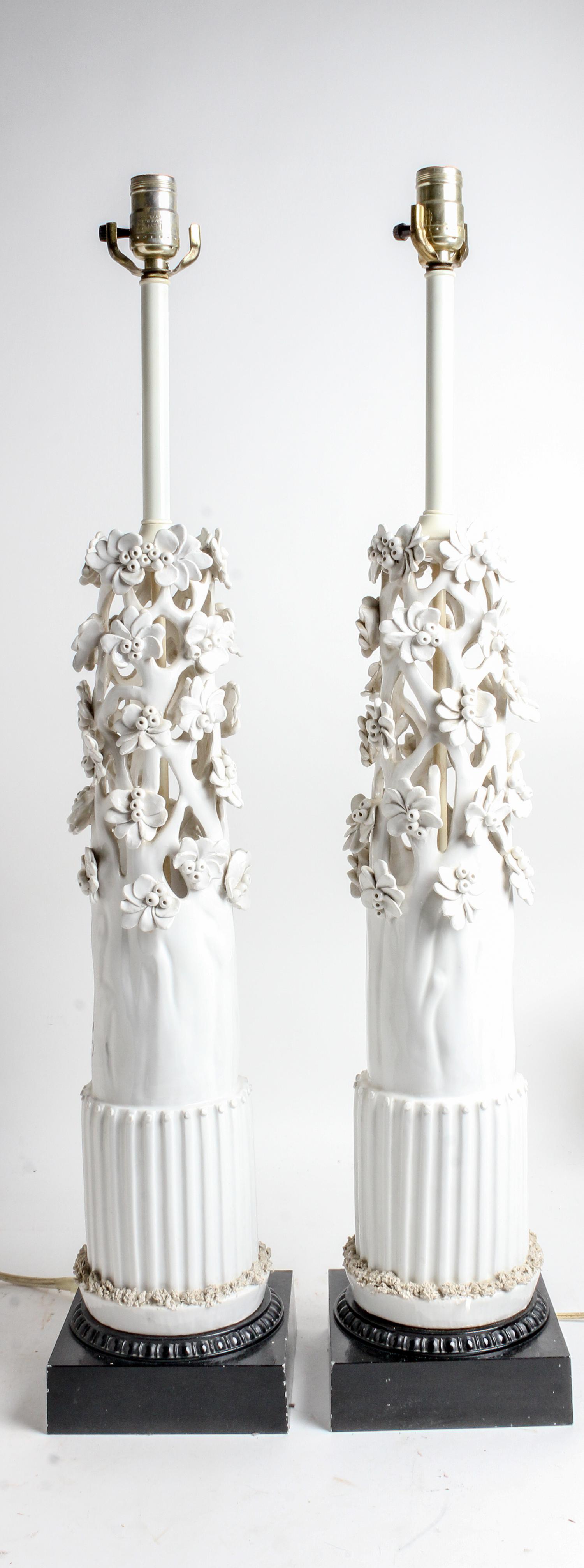 A Pair of Porcelain Lamps Height overall 34 3/4 inches.