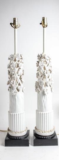 A Pair of Porcelain Lamps Height overall 34 3/4 inches.