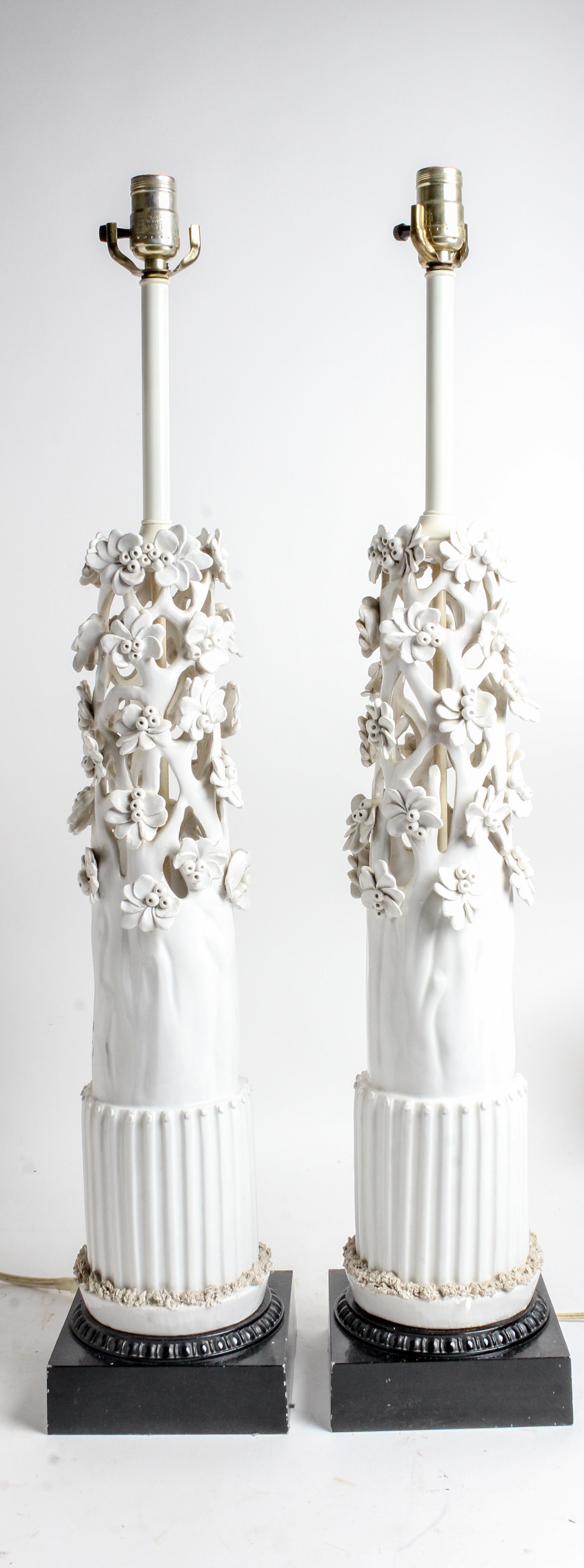 A Pair of Porcelain Lamps Height overall 34 3/4 inches.