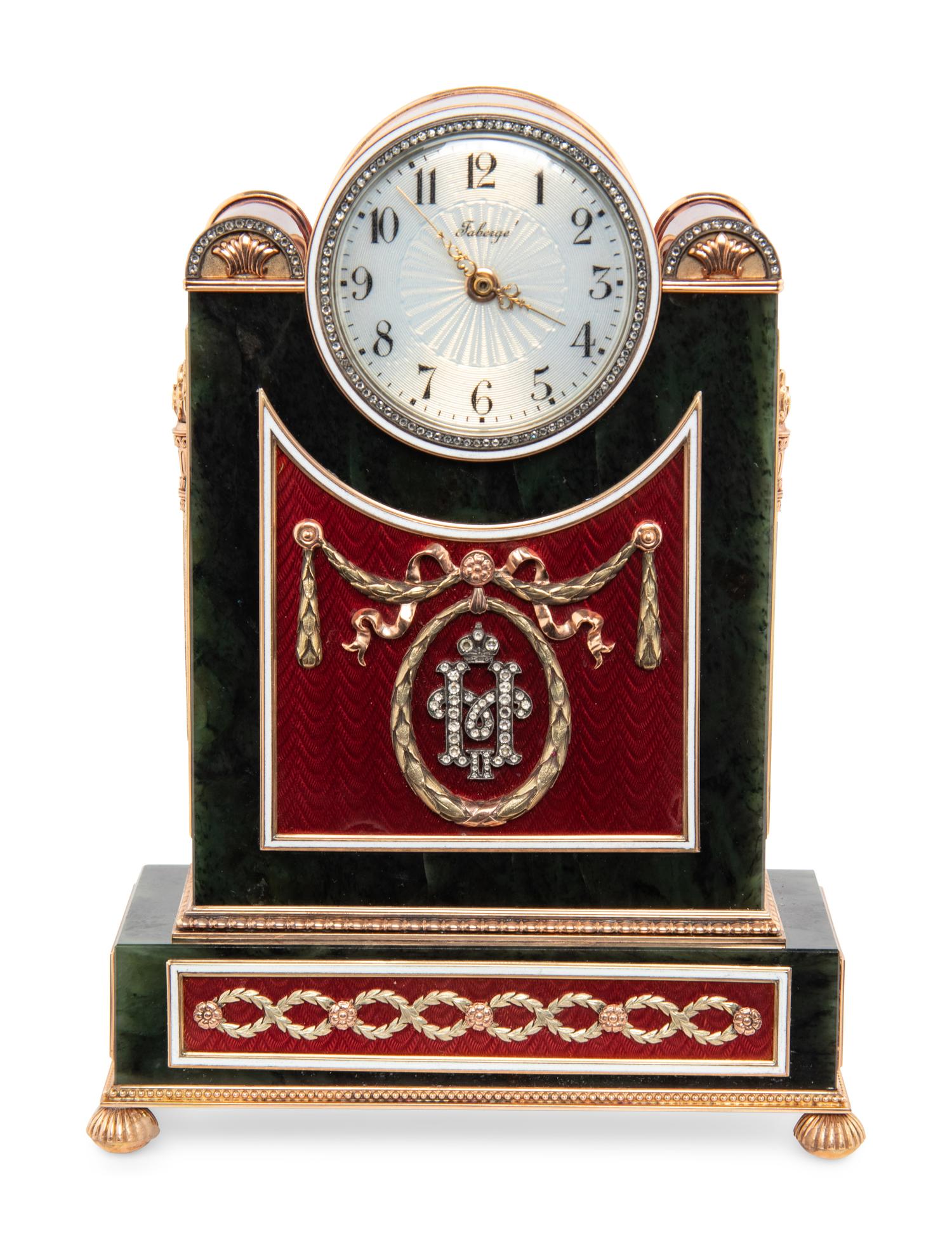 A Gold, Guilloché Enamel, Diamond, Gemstone and Nephrite Mantel Clock