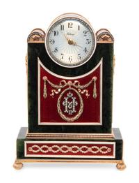 A Gold, Guilloché Enamel, Diamond, Gemstone and Nephrite Mantel Clock