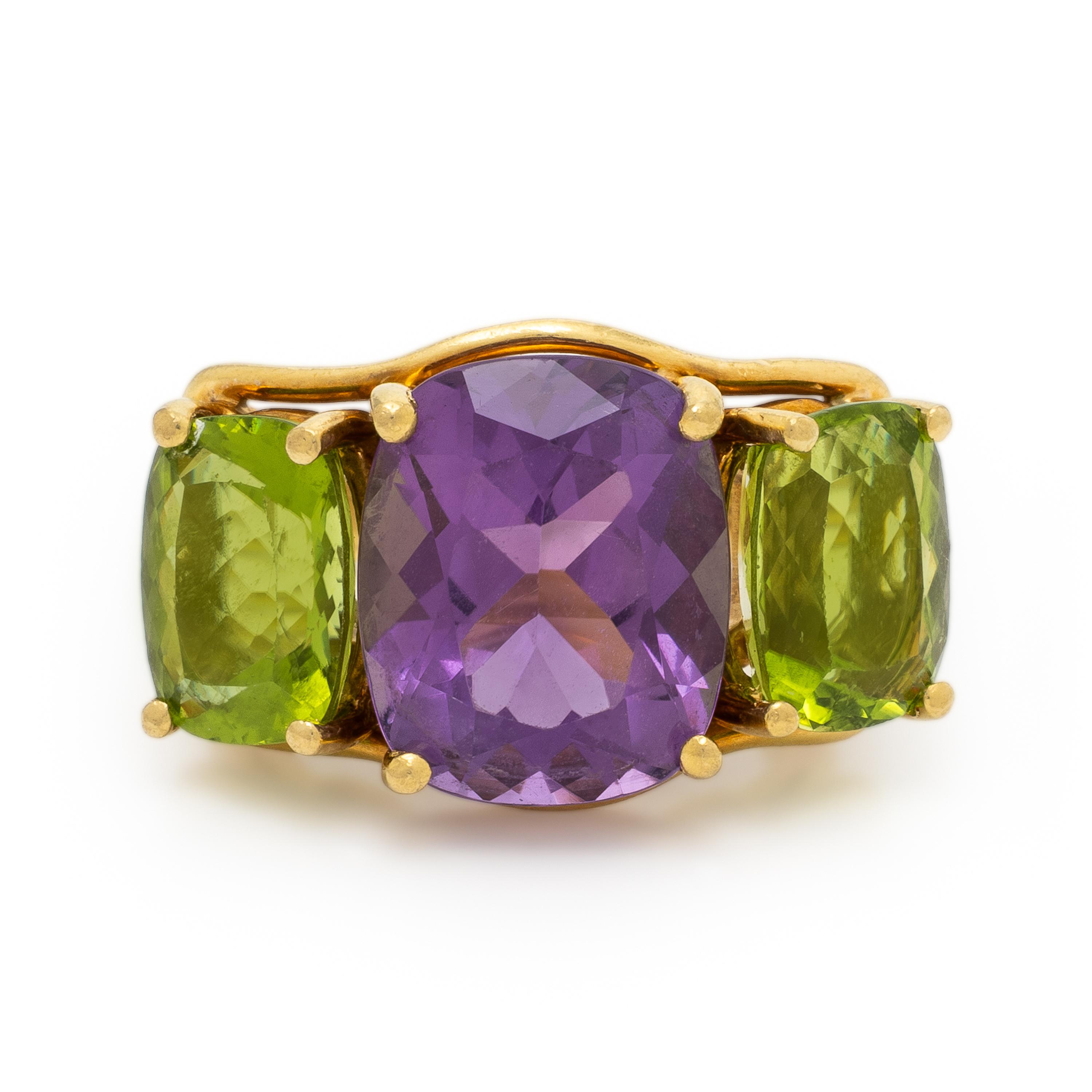 Yellow Gold, Peridot, and Amethyst Ring