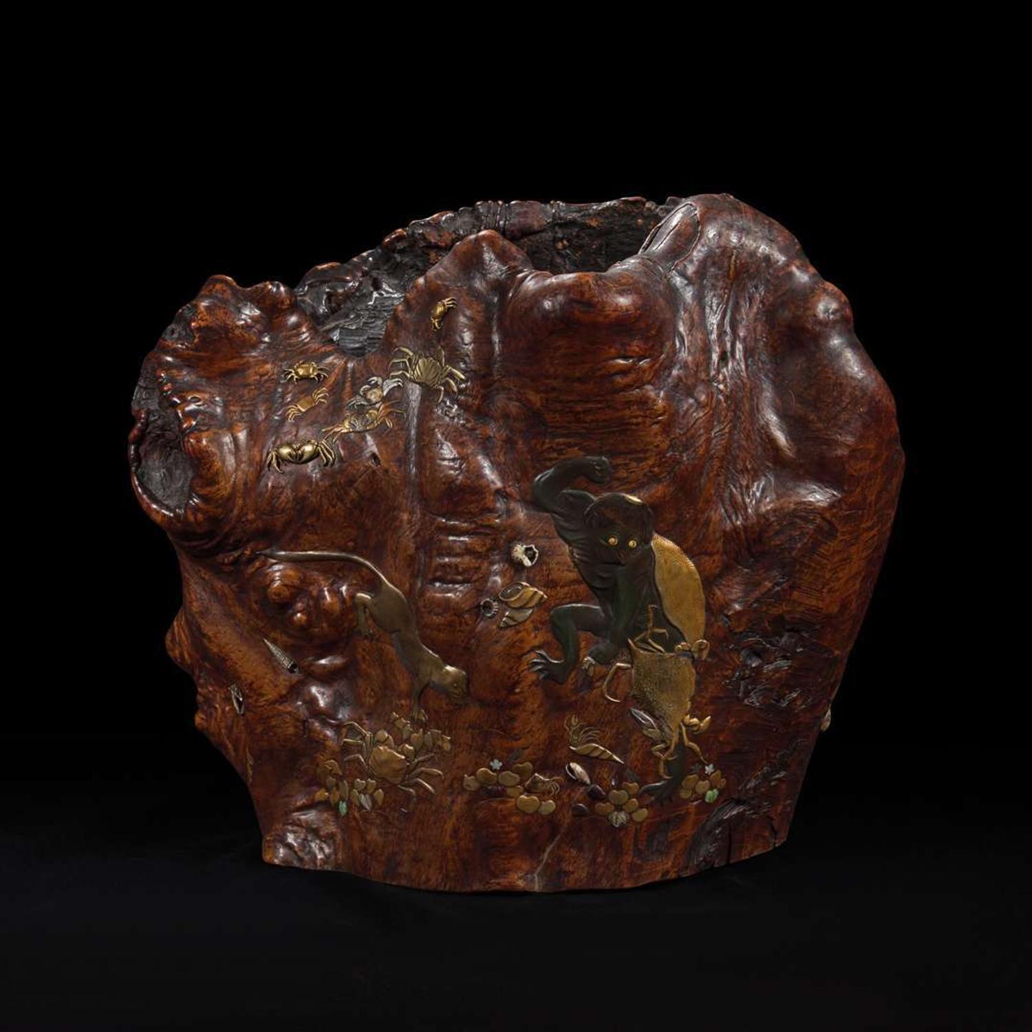 An unusual and large Japanese embellished rootwood hibachi 日本百宝镶嵌根雕 Meiji period ??