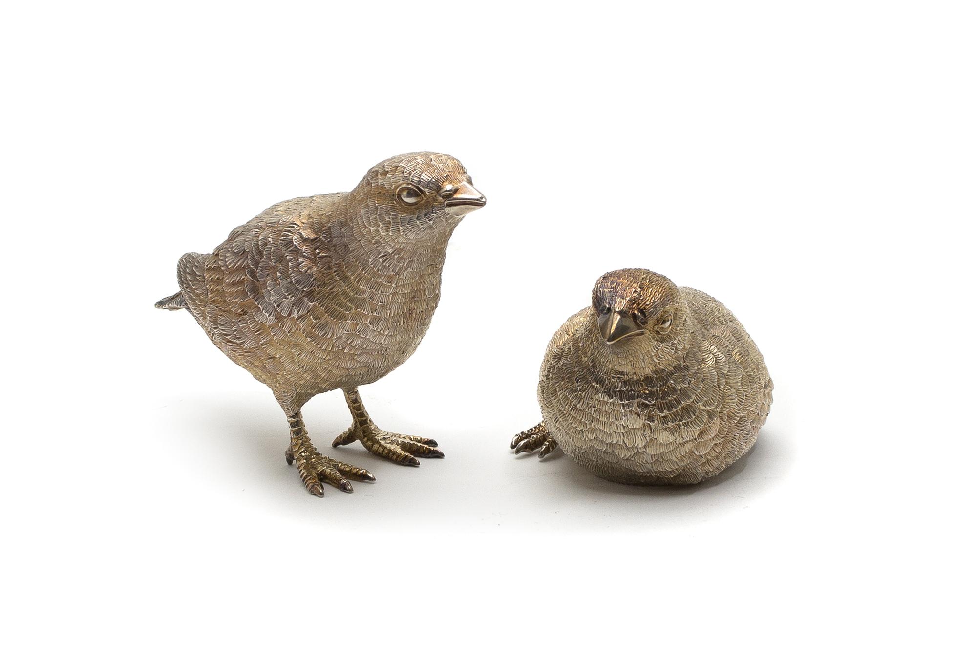 Two English Sterling Silver Bird Figurines, Asprey, Tallest height 4 x width 2 x length 3 inches. — LATE 20TH CENTURY