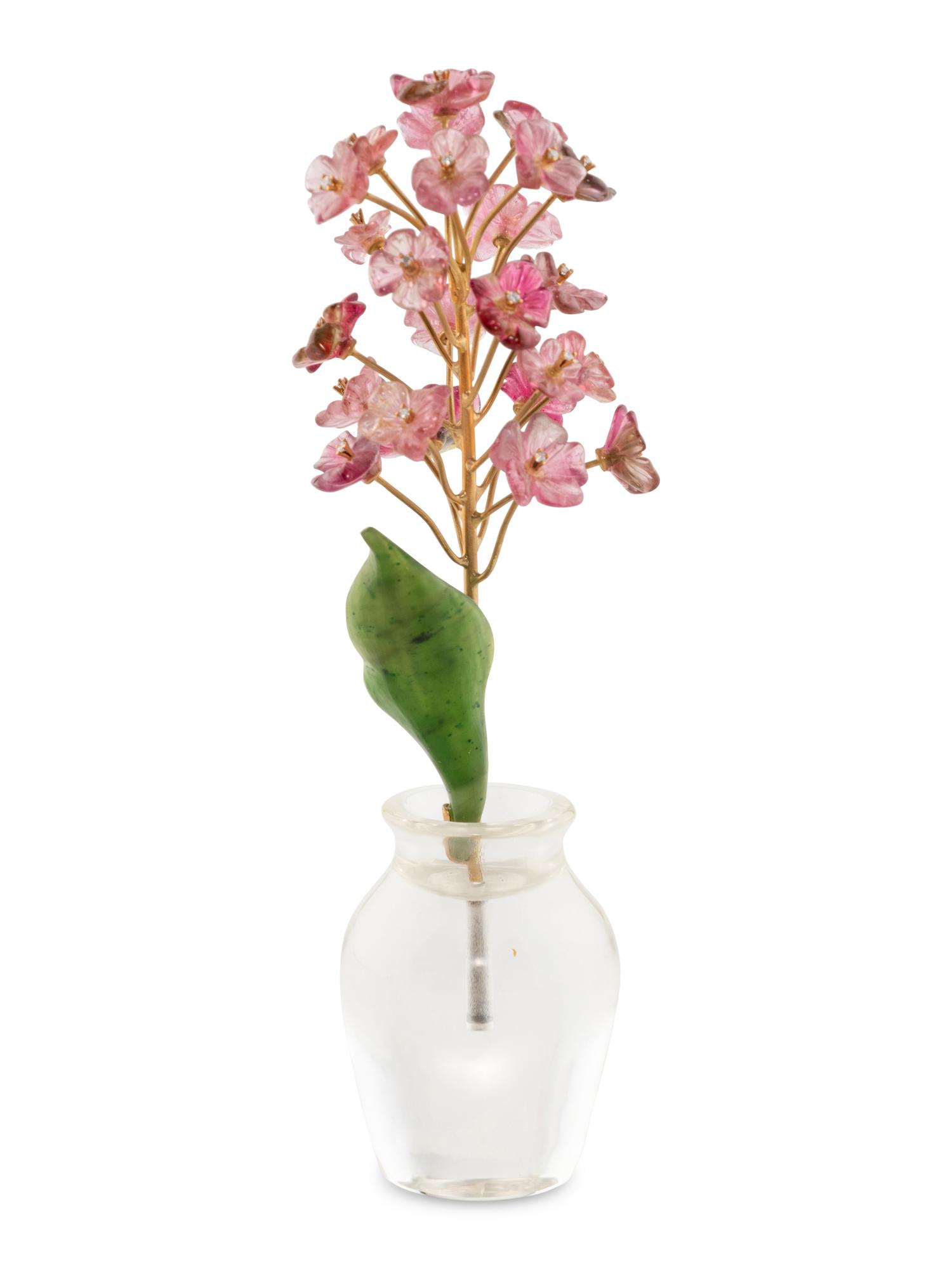 A Diamond Mounted Carved Rock Crystal, Nephrite, Tourmaline and 18-Karat Gold Cherry Blossom Flower Study