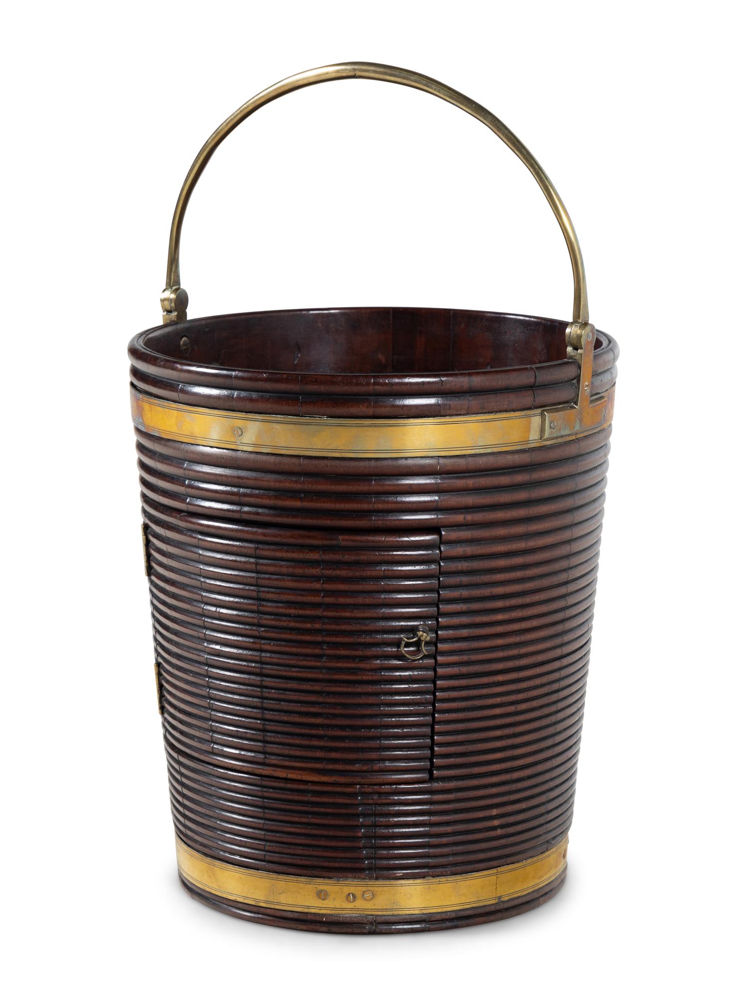 An English Brass-Banded Mahogany Warming Bucket
