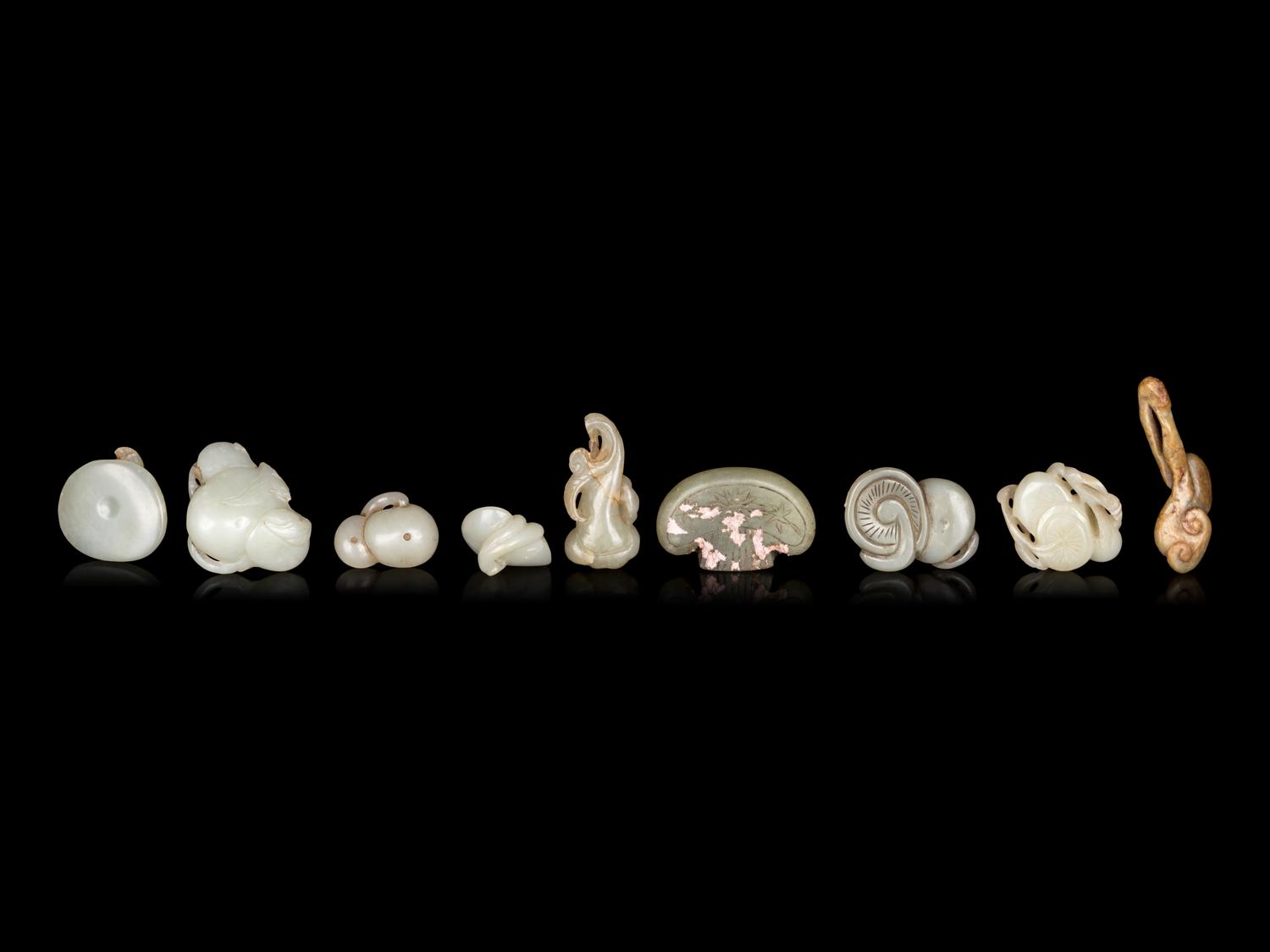Nine Chinese Celadon Jade 'Fungus' Carvings
