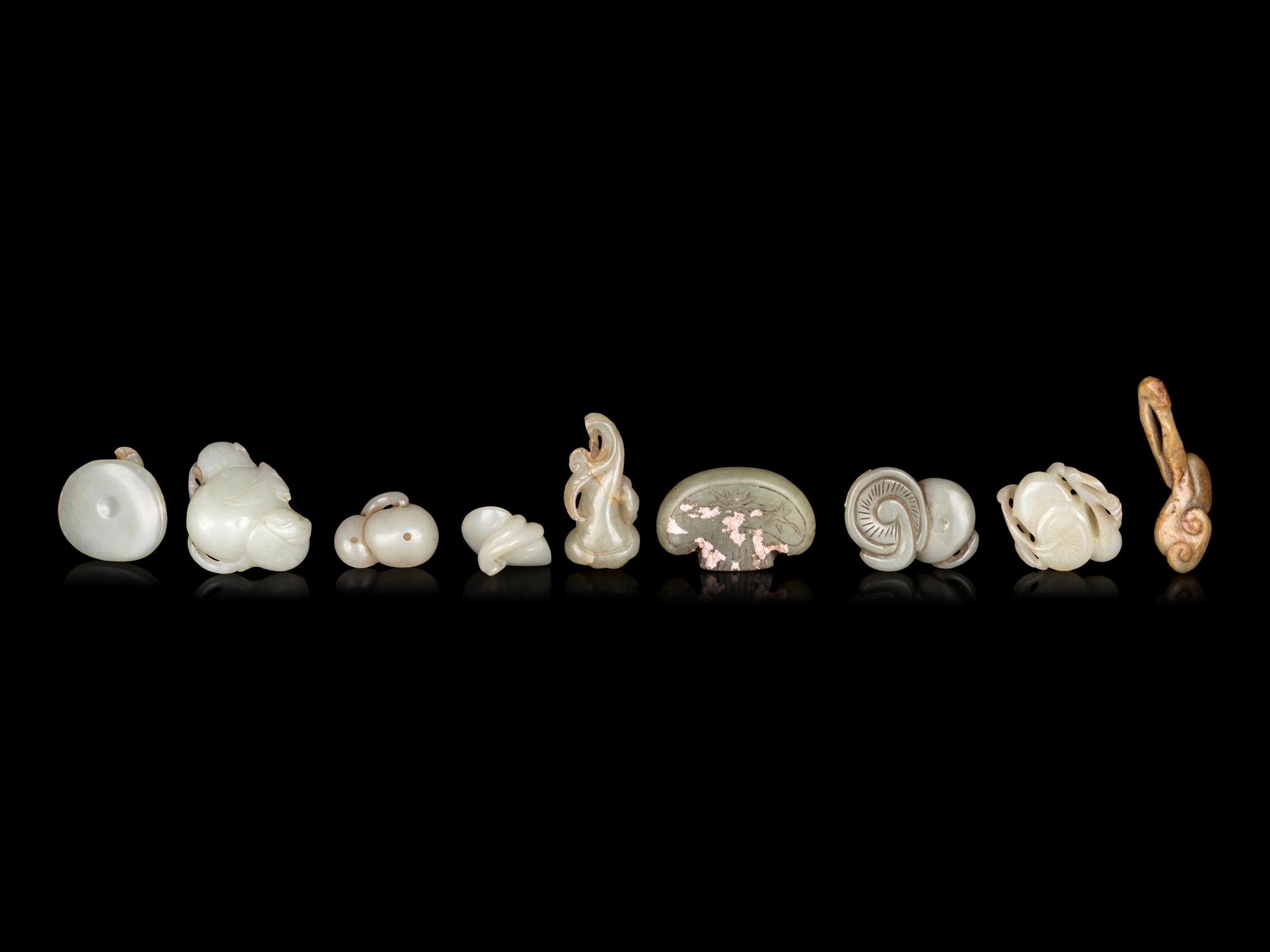 Nine Chinese Celadon Jade 'Fungus' Carvings