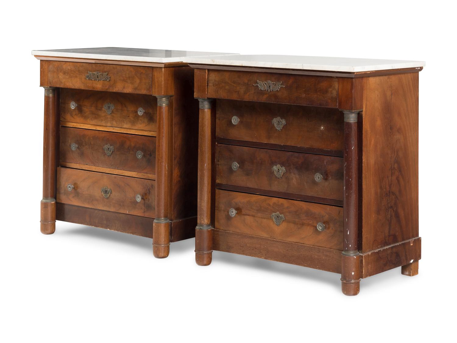 A Pair of Empire Style Mahogany Marble-Top Commodes