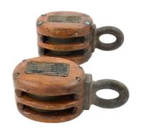 Two Metal and Wood Pulley Blocks Height of larger 10 inches. — LATE 19TH/EARLY 20TH CENTURY