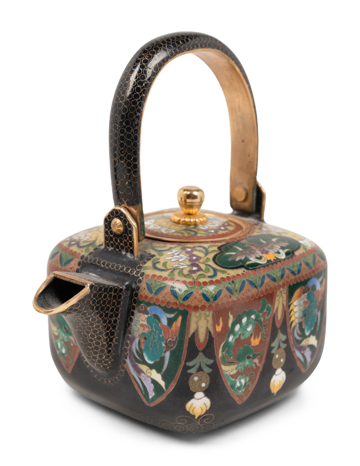 A Group of Three Cloisonné Teapots and Two Cups