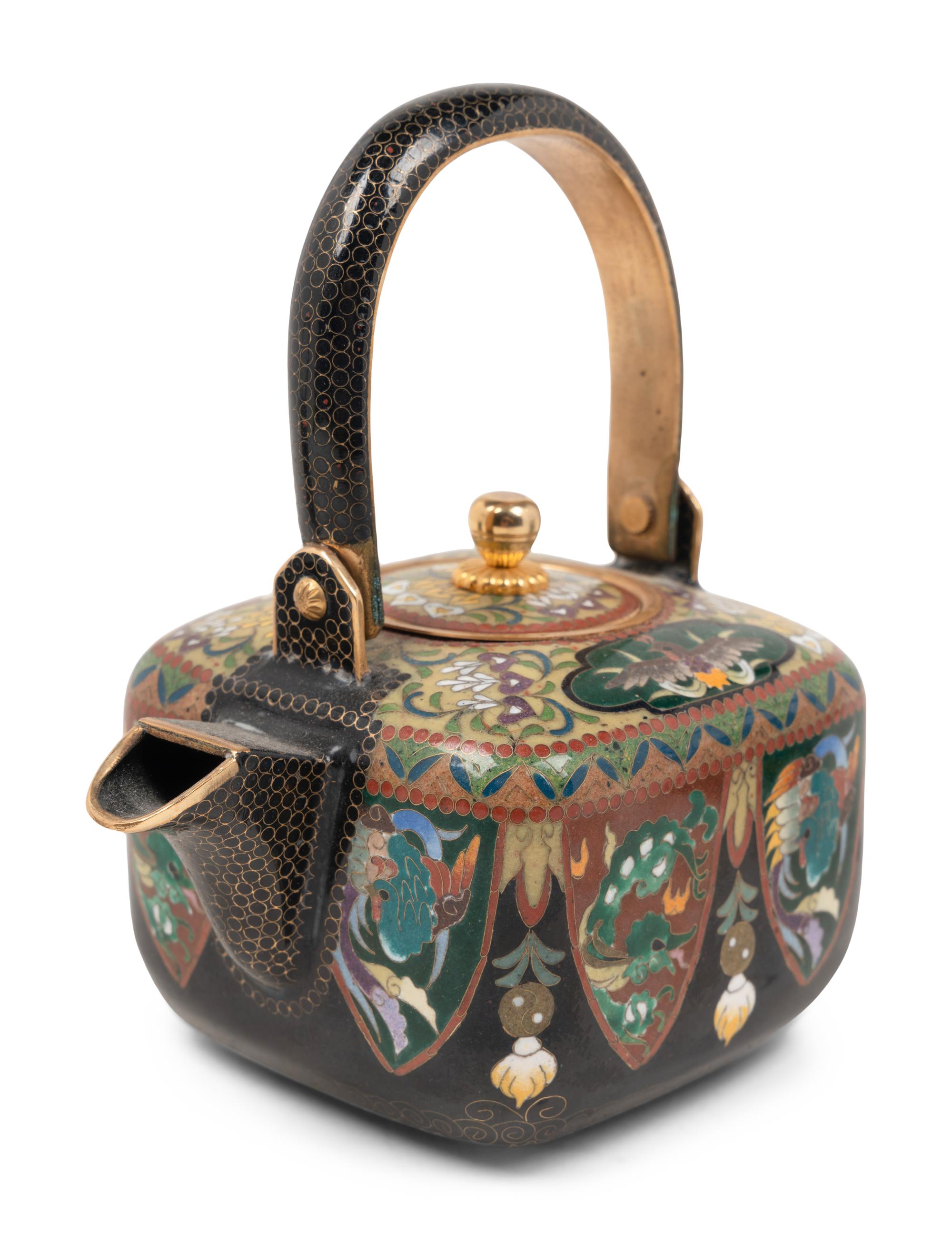 A Group of Three Cloisonné Teapots and Two Cups
