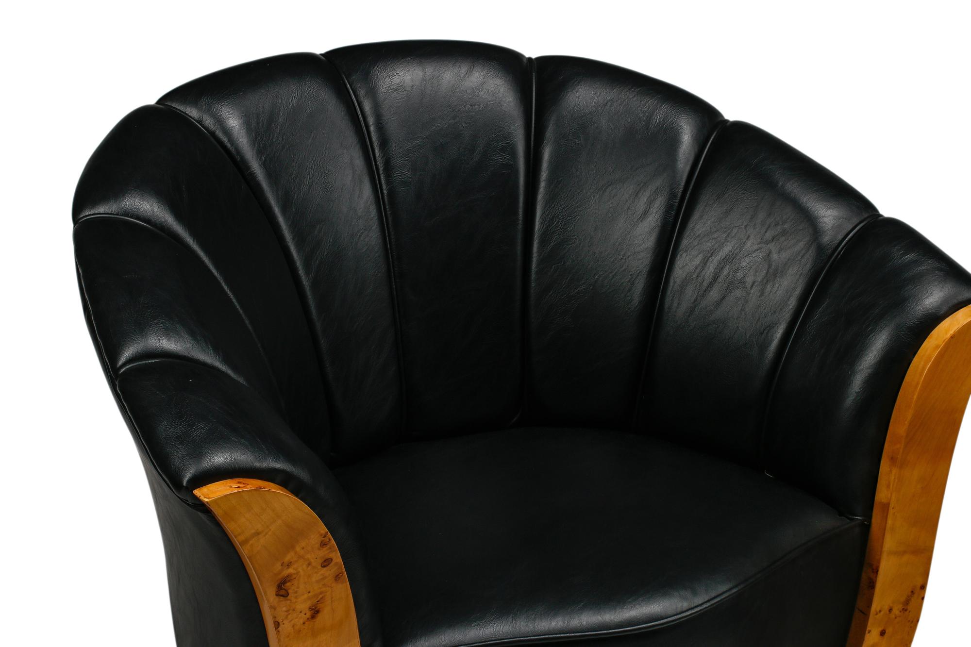 A Pair of Art Deco Style Burlwood and Faux Leather Armchairs