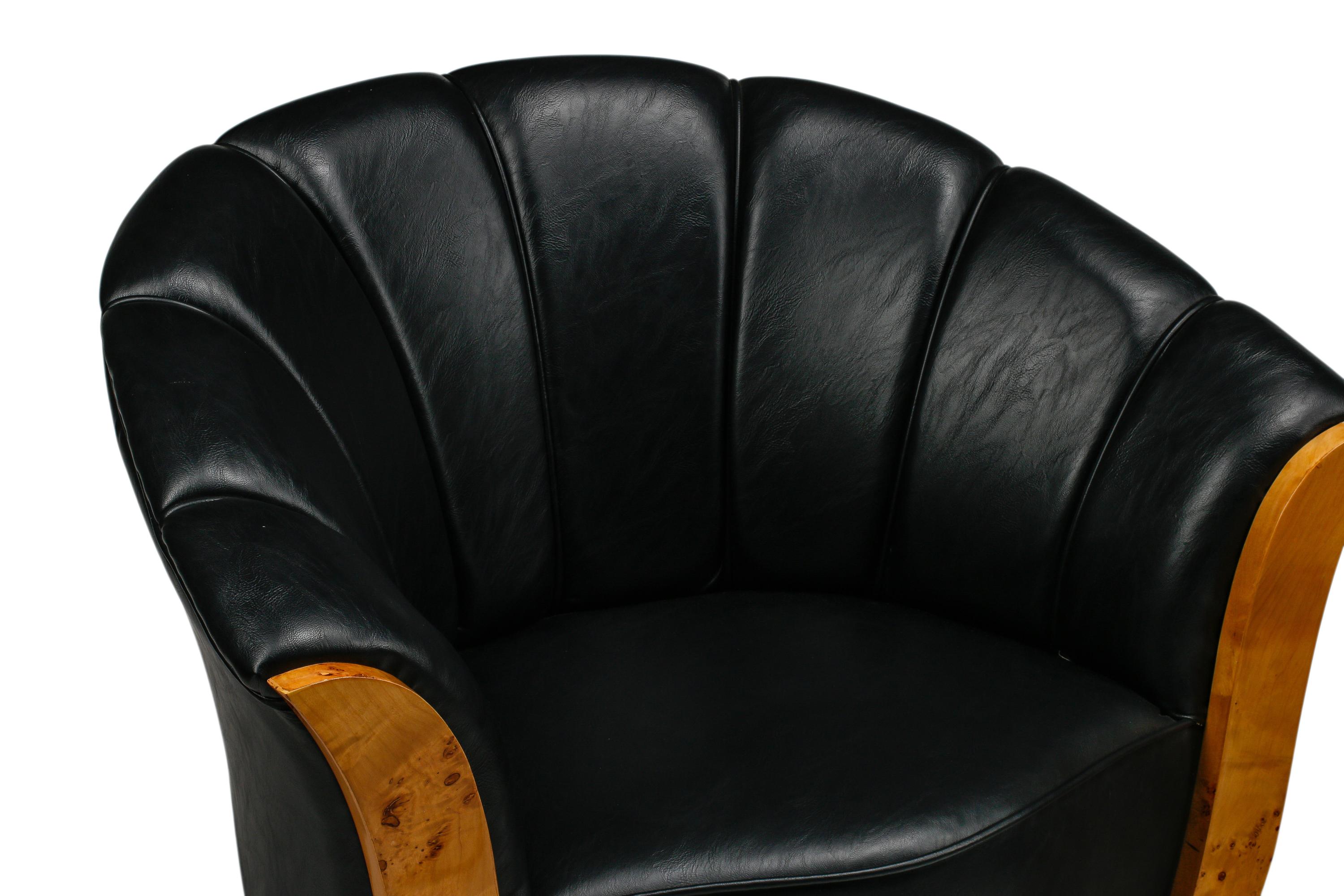 A Pair of Art Deco Style Burlwood and Faux Leather Armchairs