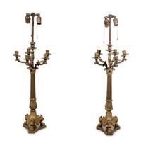 A Pair of Empire Style Gilt and Patinated Bronze Candelabra Mounted as Lamps