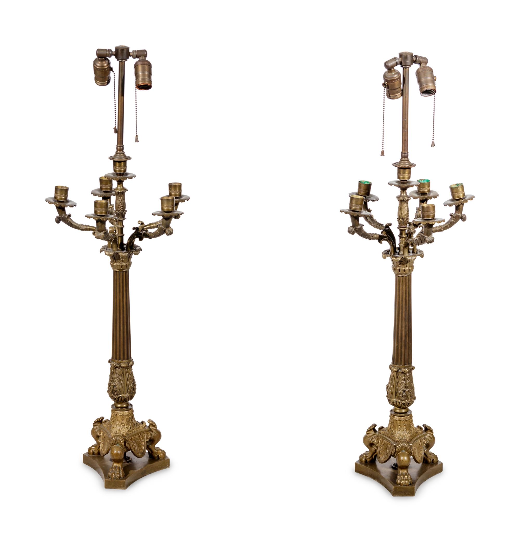 A Pair of Empire Style Gilt and Patinated Bronze Candelabra Mounted as Lamps