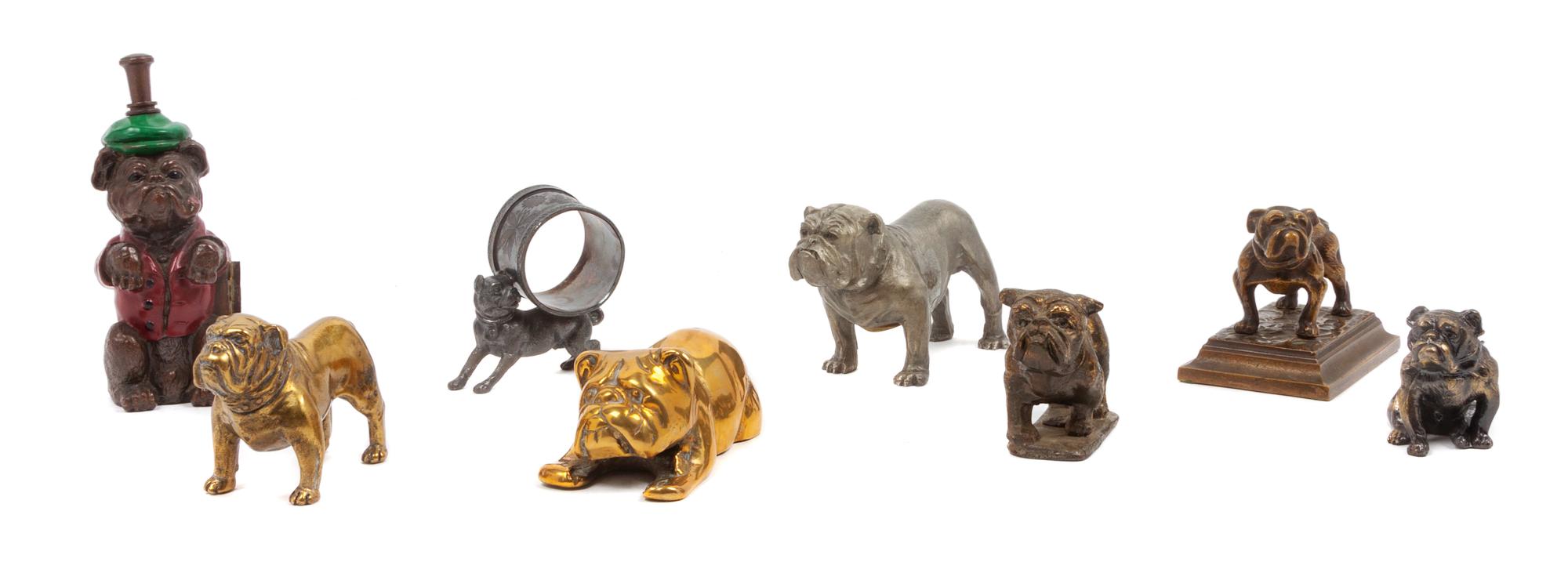 A Group of Eight Bronze and Metal Bulldogs Height of tallest 5 1/4 inches.