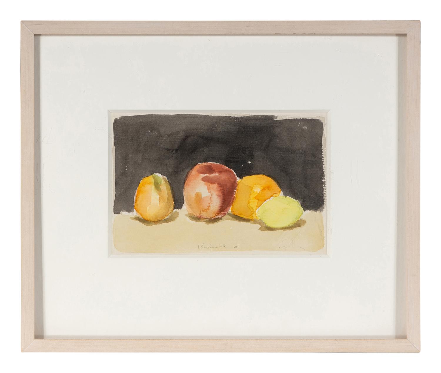 Fruit with Black Background and Green Pear and Red Apple (Two Works), 1961