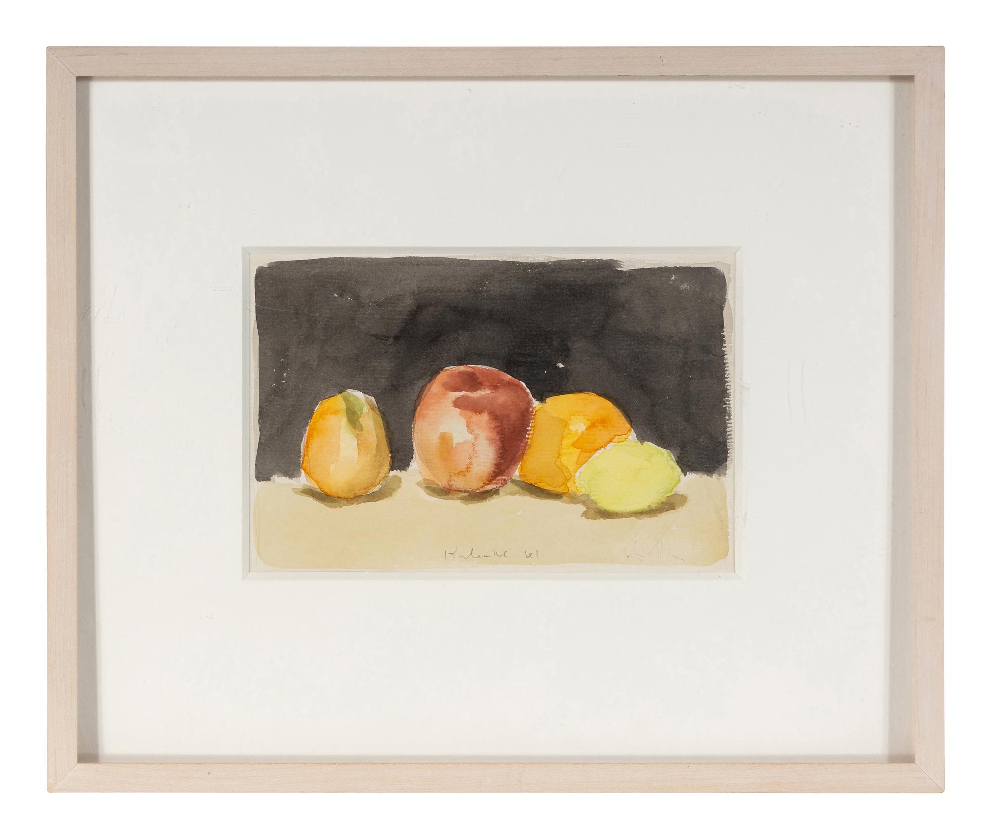 Fruit with Black Background and Green Pear and Red Apple (Two Works), 1961
