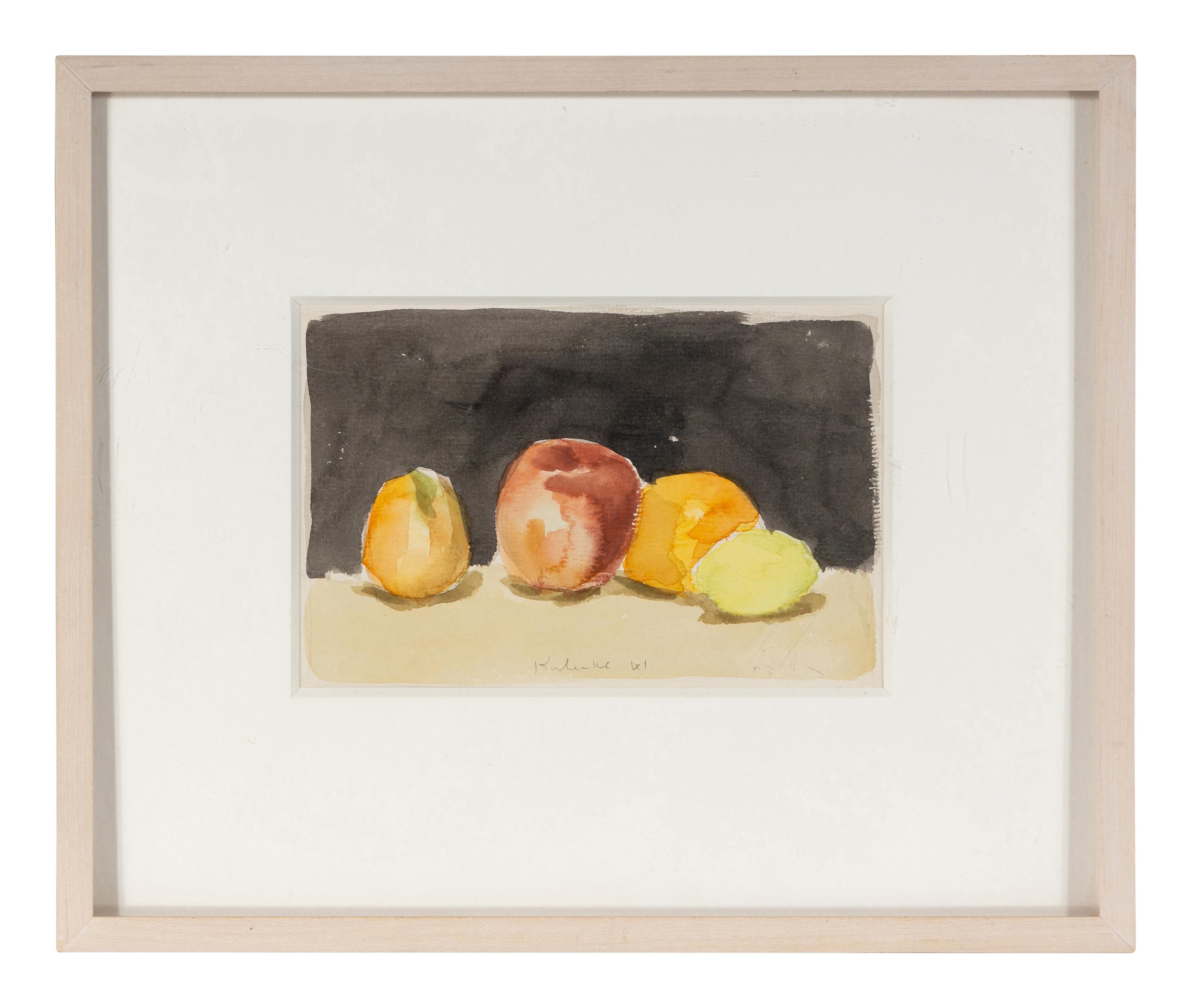 Fruit with Black Background and Green Pear and Red Apple (Two Works), 1961