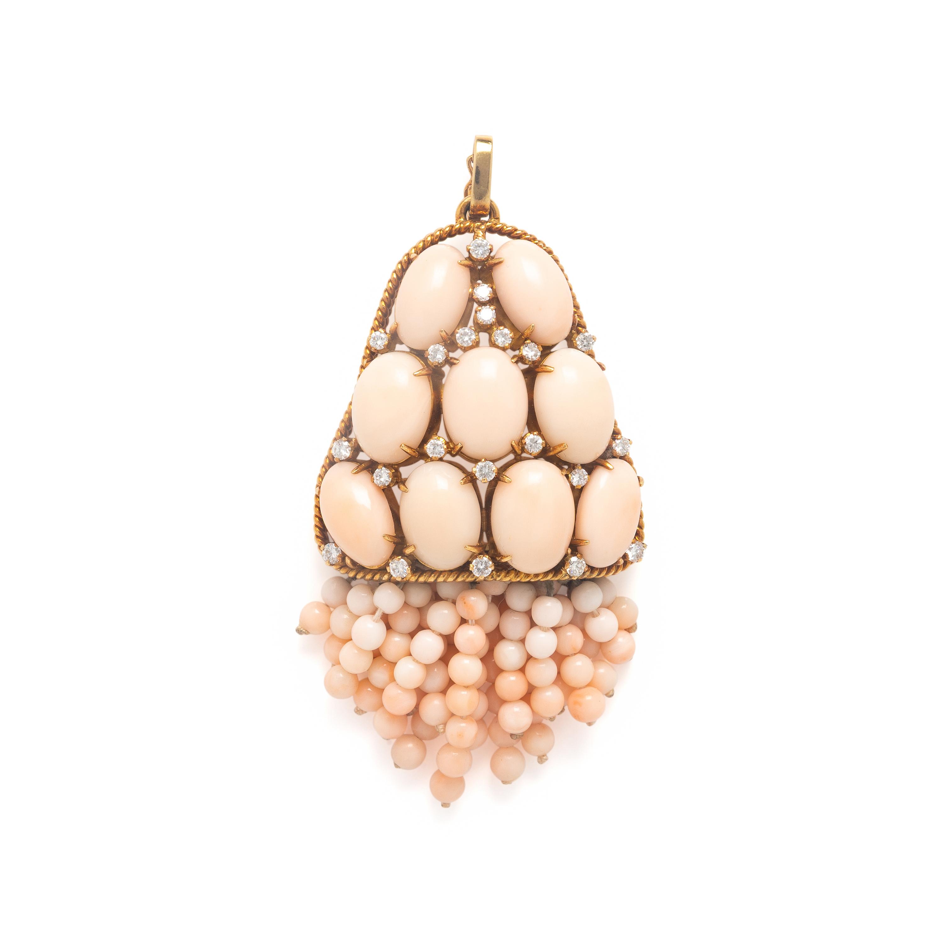 Coral, Diamond, and Yellow Gold Necklace