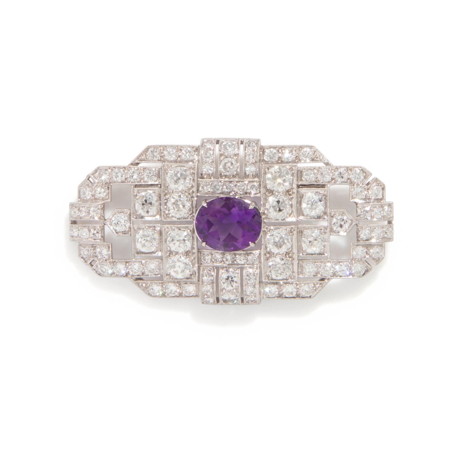 FRENCH, ART DECO, DIAMOND AND AMETHYST BROOCH
