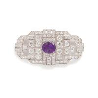 FRENCH, ART DECO, DIAMOND AND AMETHYST BROOCH