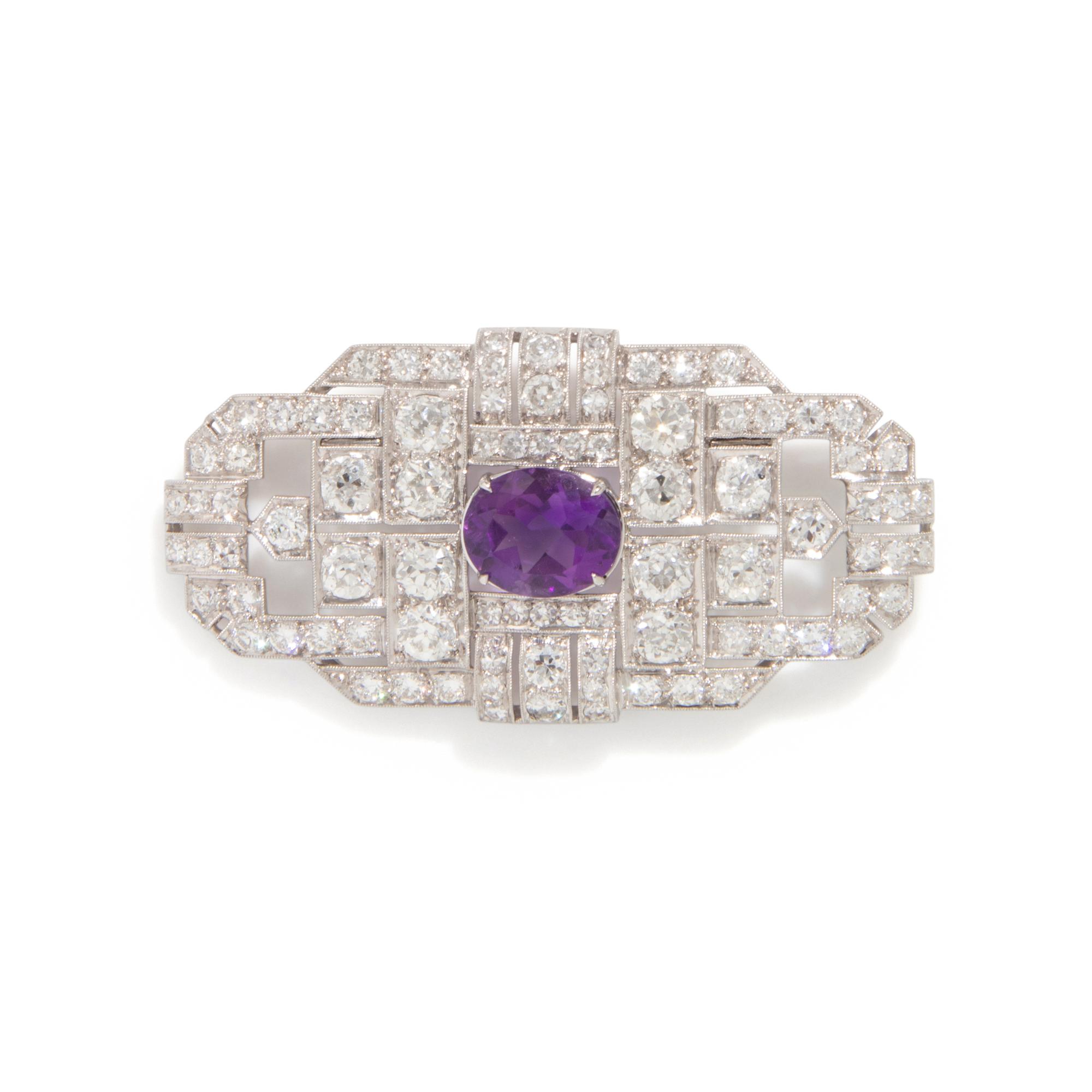 FRENCH, ART DECO, DIAMOND AND AMETHYST BROOCH