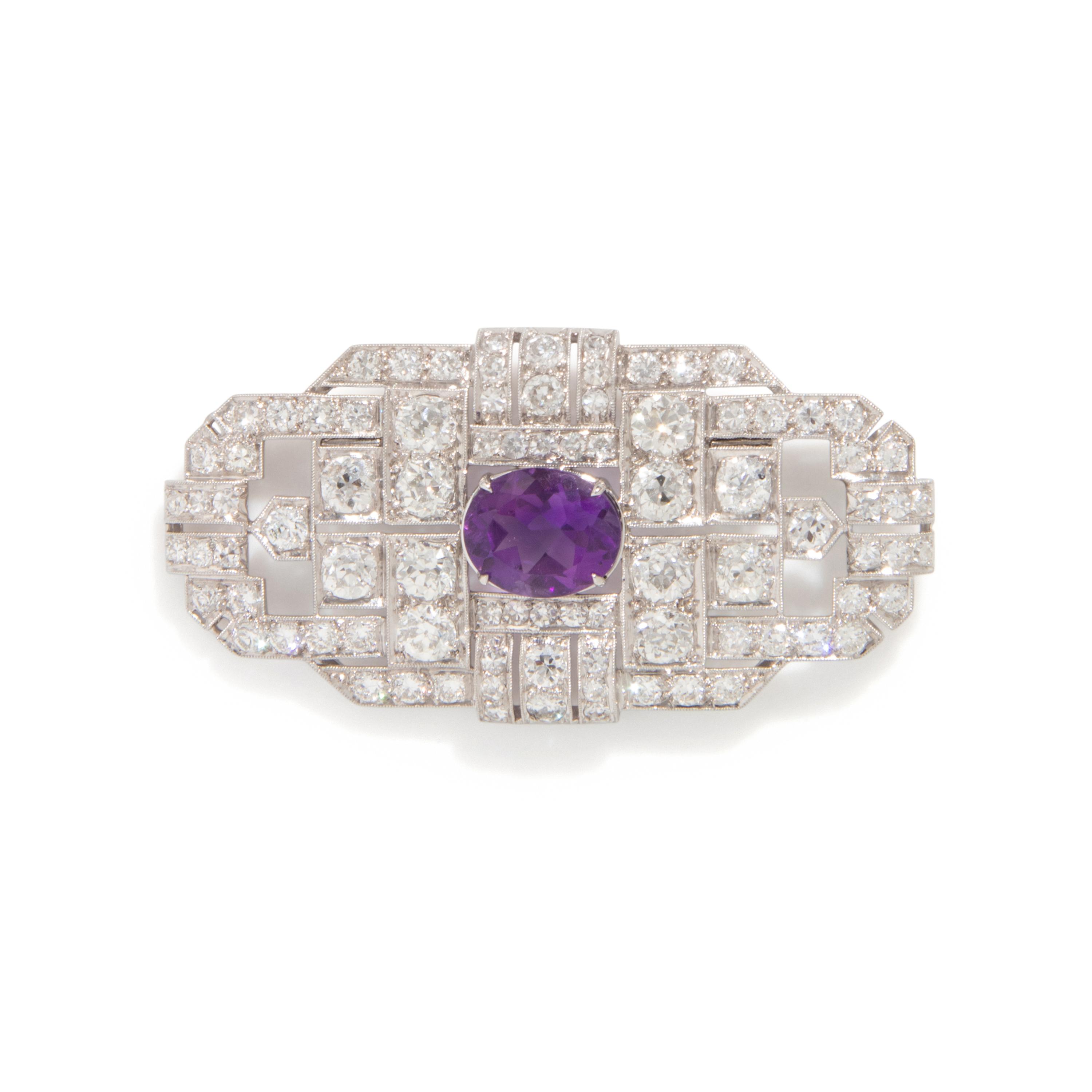 FRENCH, ART DECO, DIAMOND AND AMETHYST BROOCH