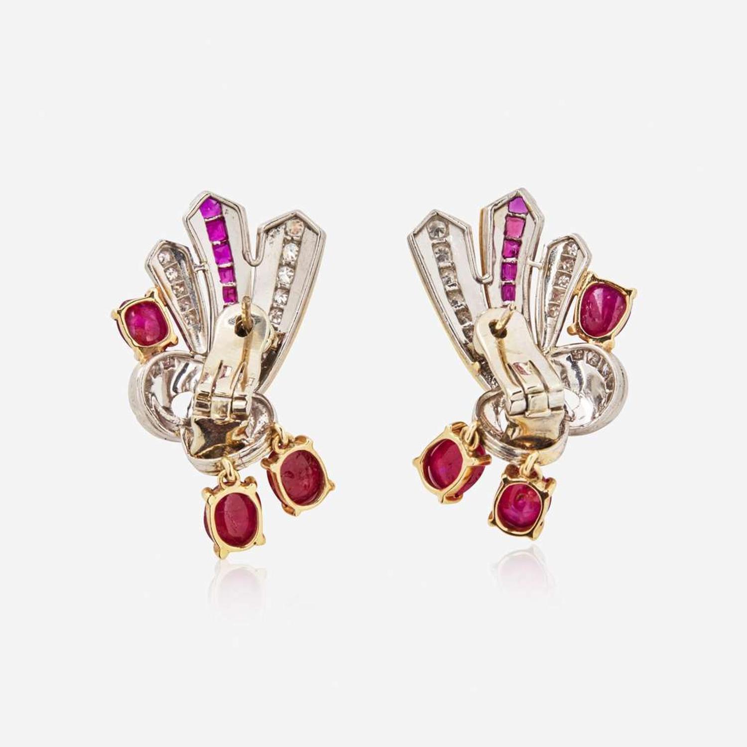 A Pair of 18K Gold, Ruby, and Diamond Earrings
