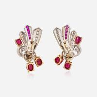 A Pair of 18K Gold, Ruby, and Diamond Earrings