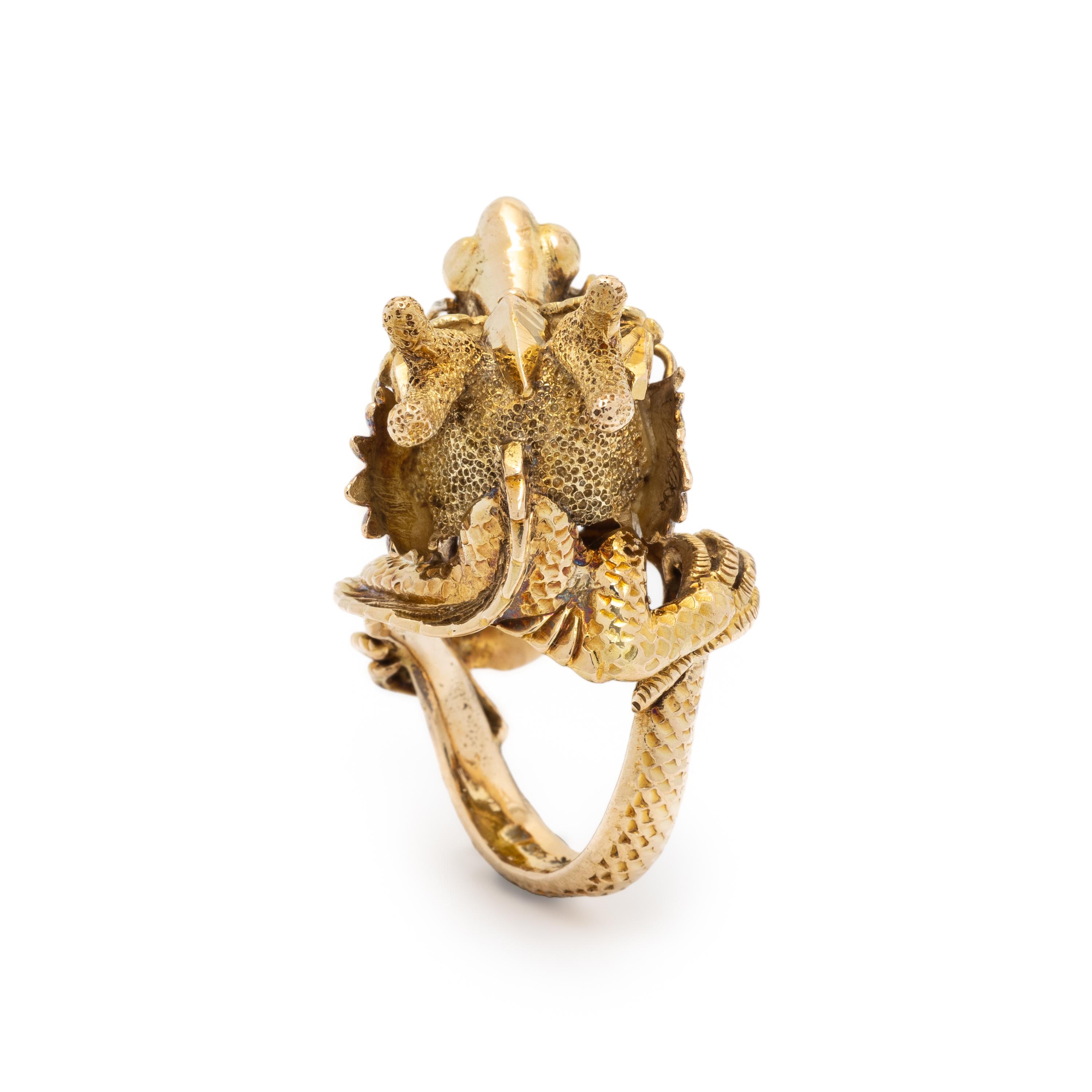 YELLOW GOLD, EMERALD, AND RUBY DRAGON RING
