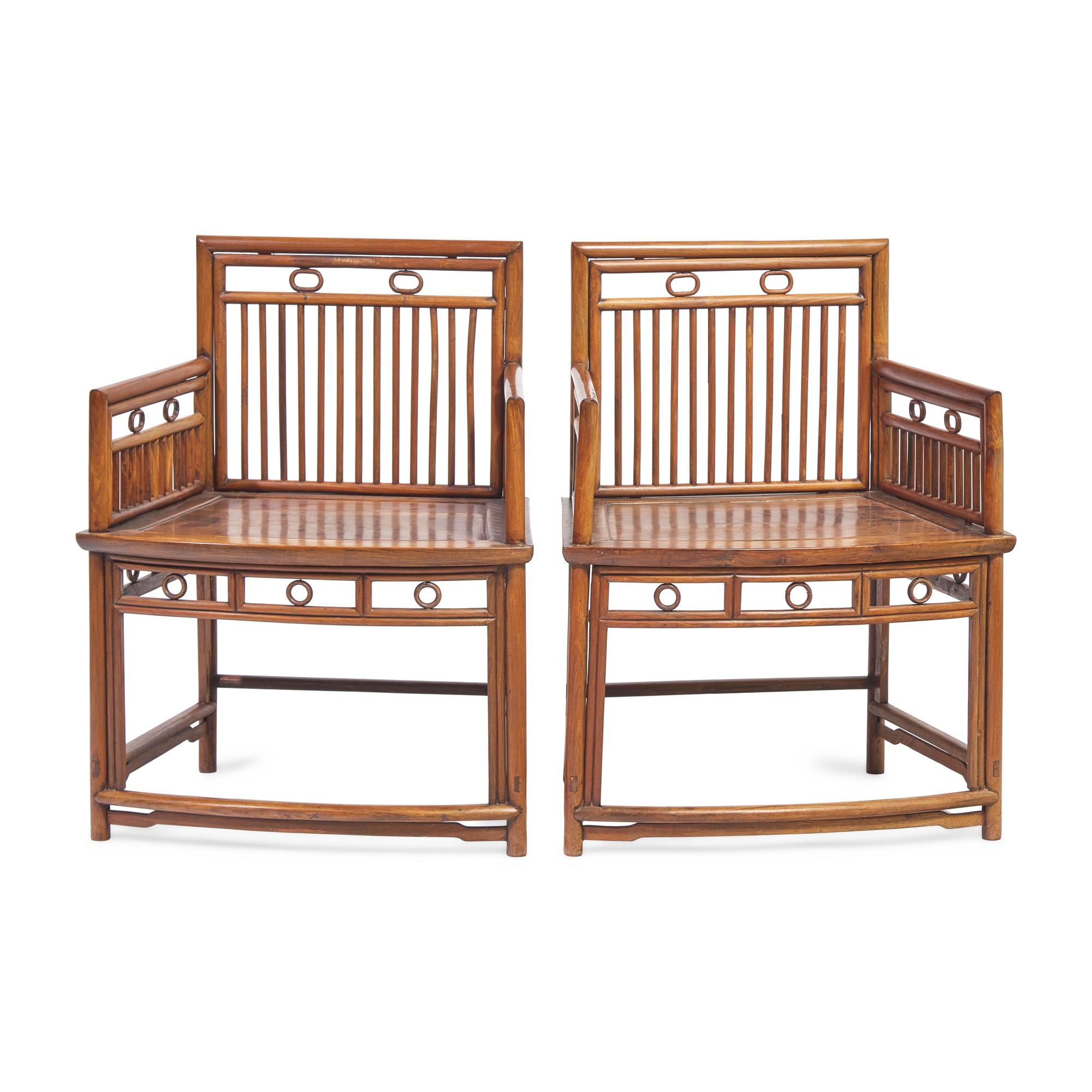 A Pair of Chinese Ming-Style Huanghuali and Mixed Wood Low Back Armchairs, Meiguiyi, 20th Century with Antique Elements 近代 黃花梨梳背式玫瑰椅一對