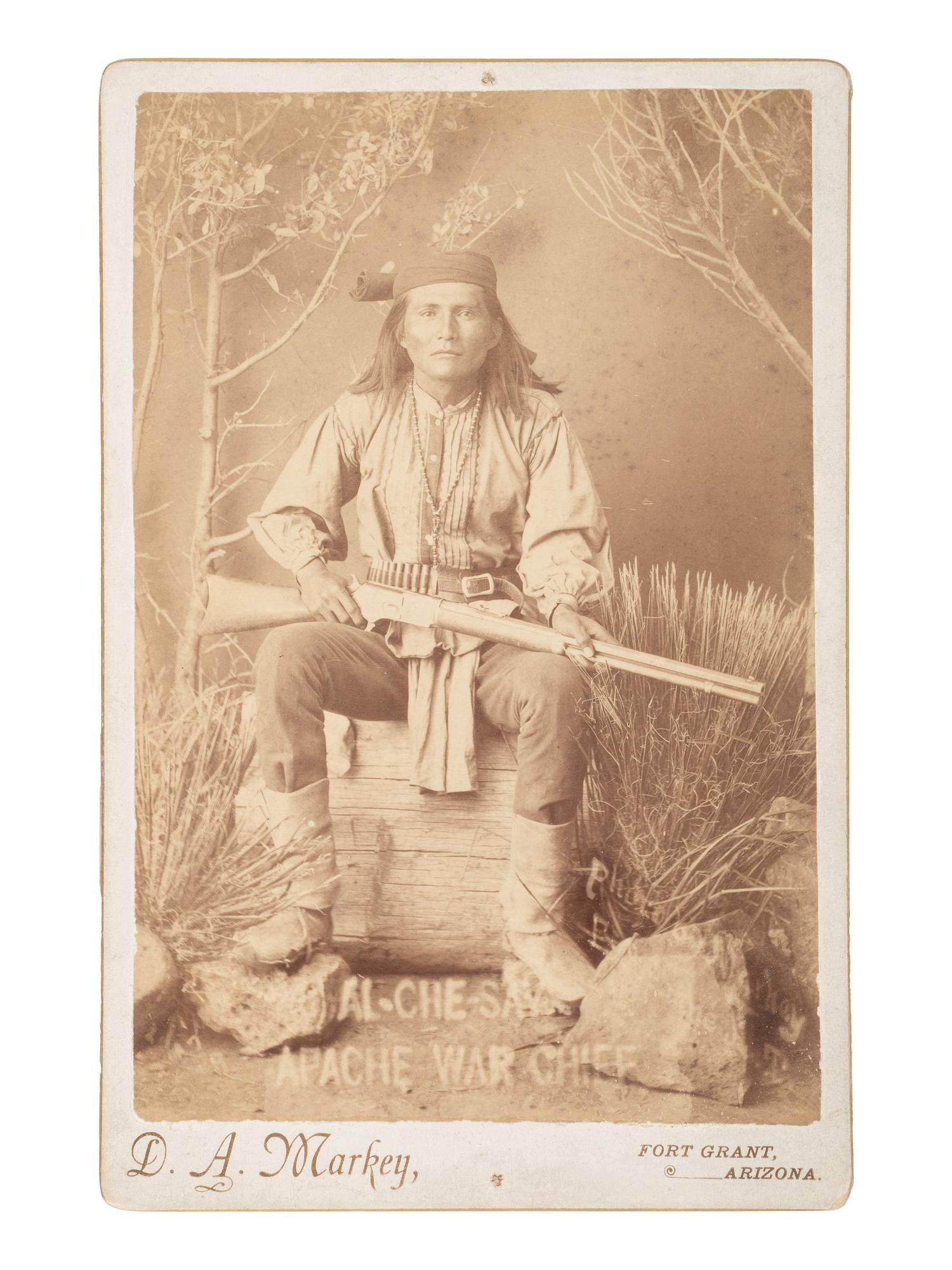 [NATIVE AMERICANS]. MARKEY, D.A., photographer. Cabinet card of Alchesay, Apache War Chief and MOH recipient. Fort Grant, AZ, ca 1890s.