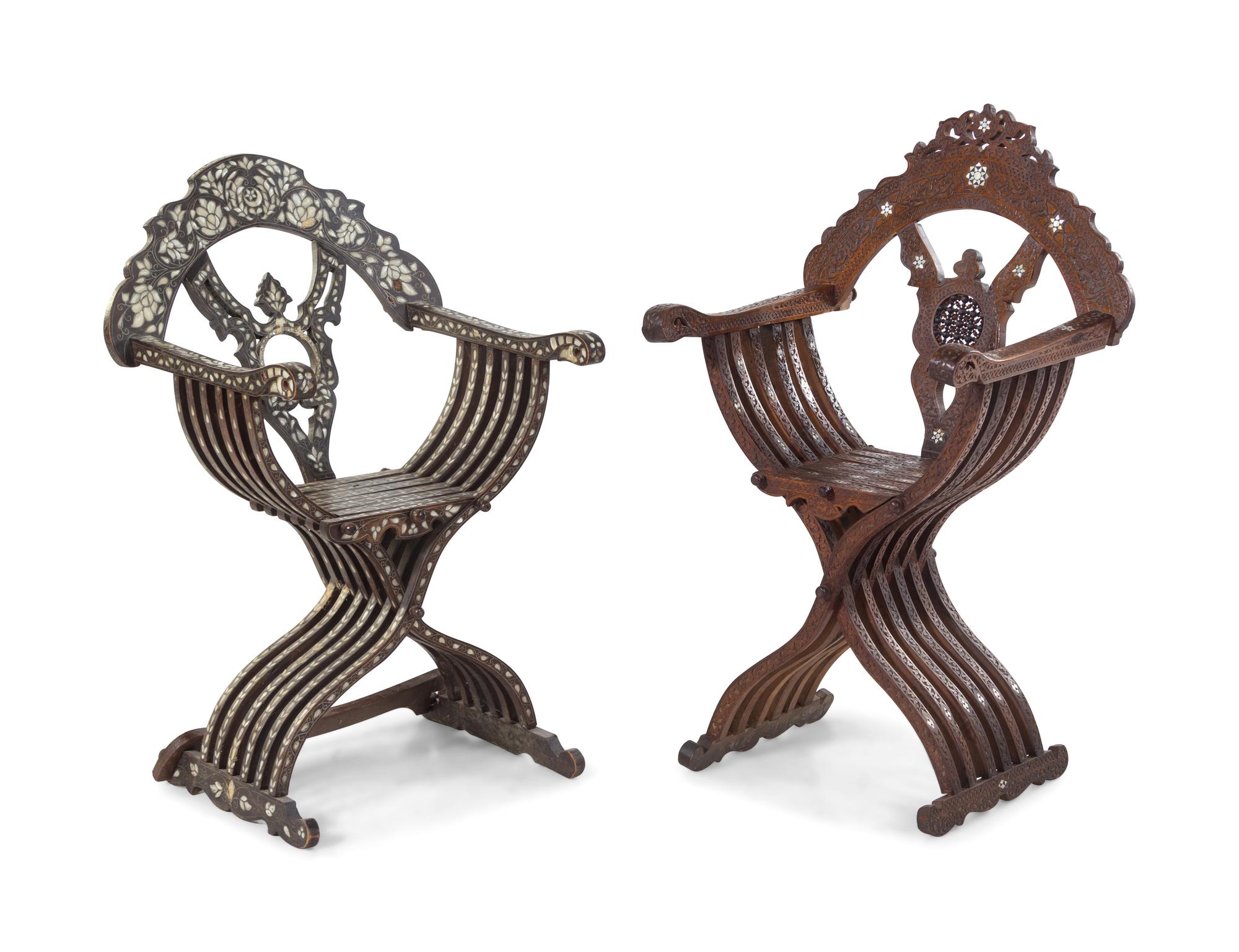 Two Syrian Carved and Mother-of-Pearl Inlaid Armchairs