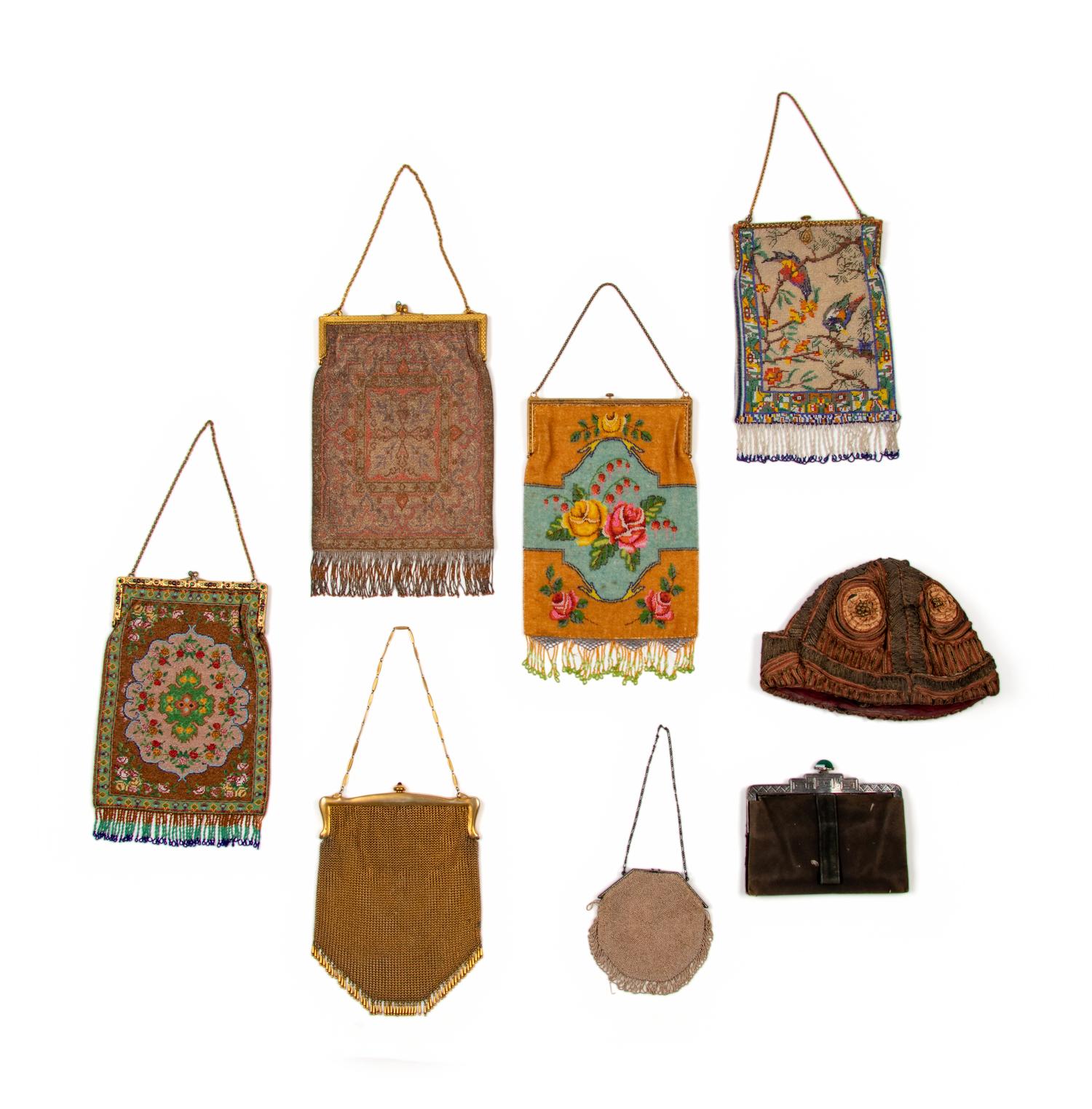 Collection of Eight Accessories; Seven Frame Bags, One Braided Soutache Cloche Hat, 1920s