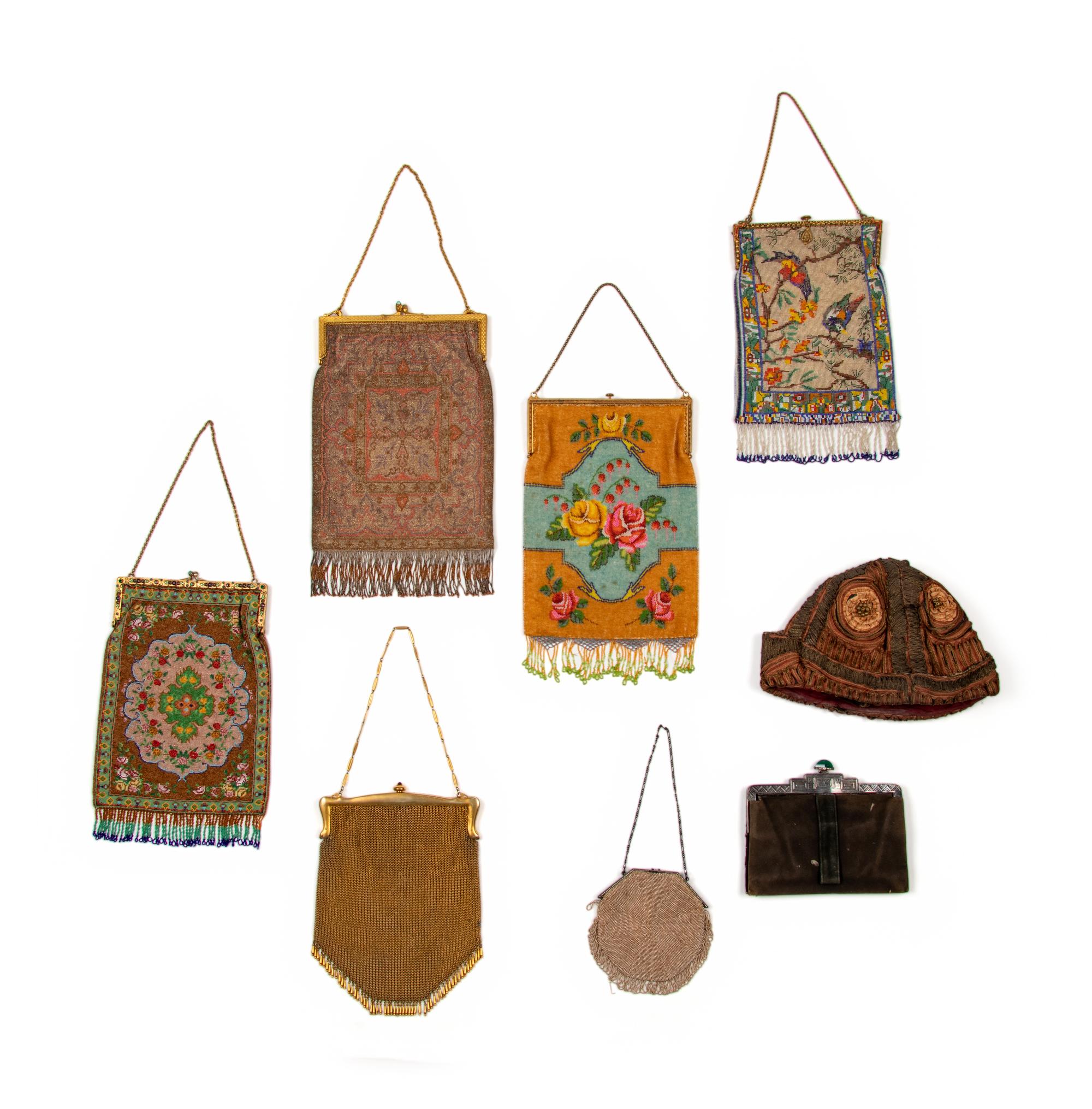 Collection of Eight Accessories; Seven Frame Bags, One Braided Soutache Cloche Hat, 1920s