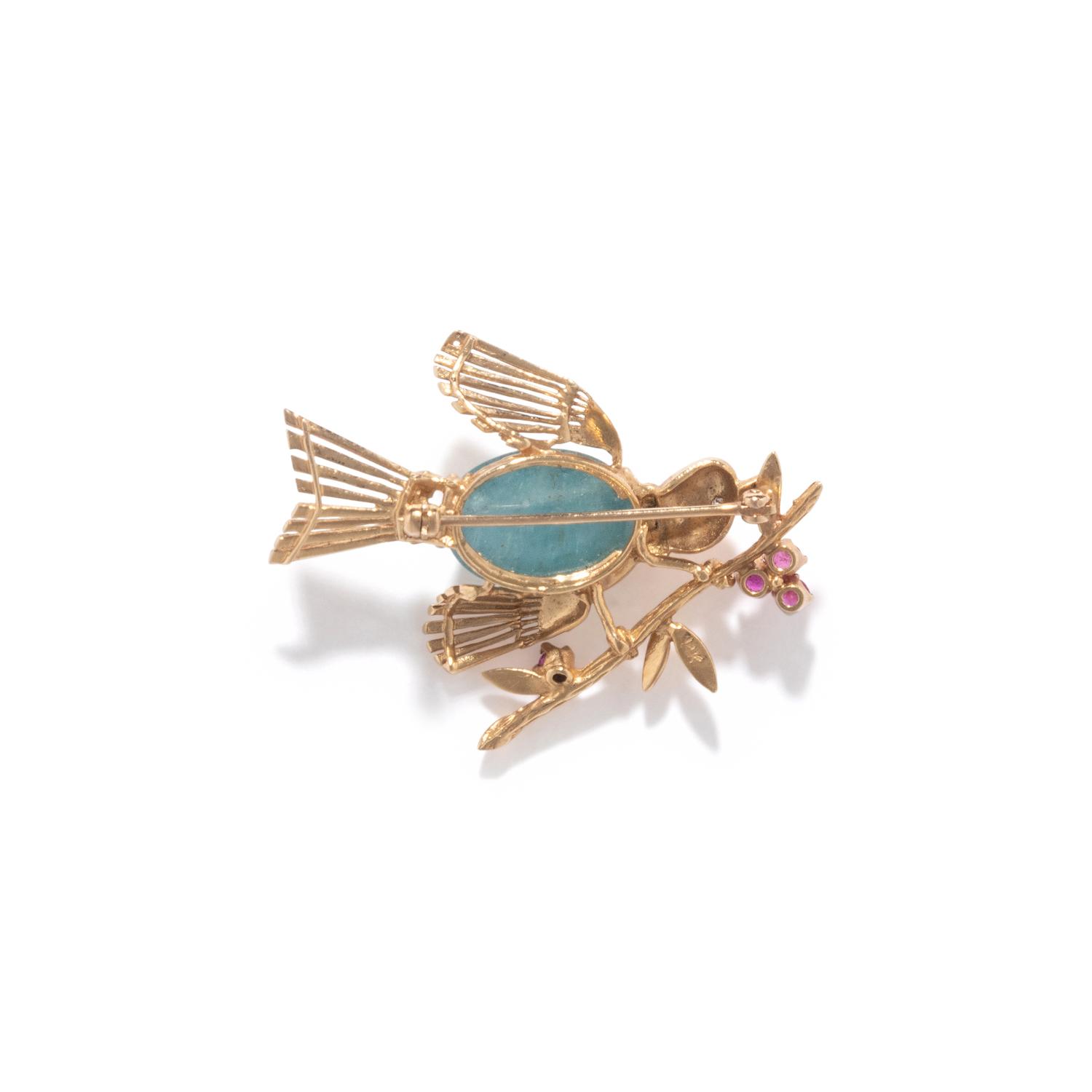 AQUAMARINE, RUBY, AND DIAMOND BIRD BROOCH